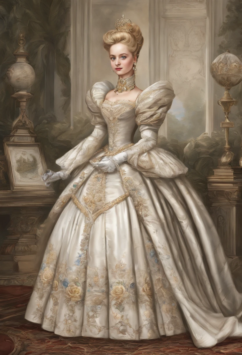 John Tenniel art, Formal and Official Coronation Portrait, Portrait of a stunningly beautiful young blonde Greer Grammer as a Queen wearing A Stately and Elaborate Royal Cinderella Court Gown with (((enormous puffed sleeves))), an hourglass waist, and a (((huge crinoline hoopskirt))) adorned with bows, embroidery, and jewels, long white gloves, pearl necklace and earrings