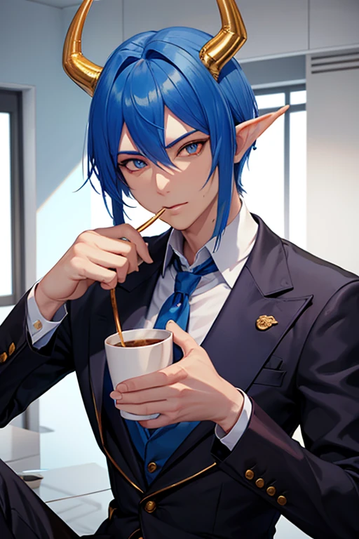 A handsome  blue skinned male dragon demon with blue hair with golden eyes and golden horns wearing gloves and pointed ears and a suit is drinking coffee in the office