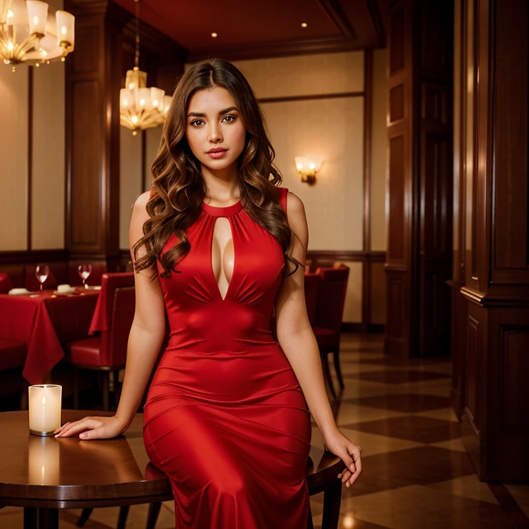 Layla in a vibrant New Year's Eve café. She wears a stunning backless red dress adorned with shimmering sequins, paired with striking heels and glamorous accessories. Her elegant waves, bold makeup, and captivating smile exude confidence as she sits amidst the lively, festively decorated café, enjoying the celebration with champagne glasses, people in the background, sitting upright, black cushion