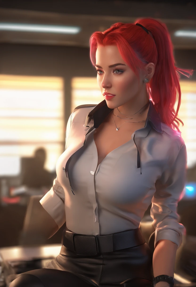 20 years old teen in office, aroused look, red hair, pony tail, busty, huge breasts, cleveage, cyberpunk theme, unbuttoned white blouse, short black skirt, black jacket, neon lights