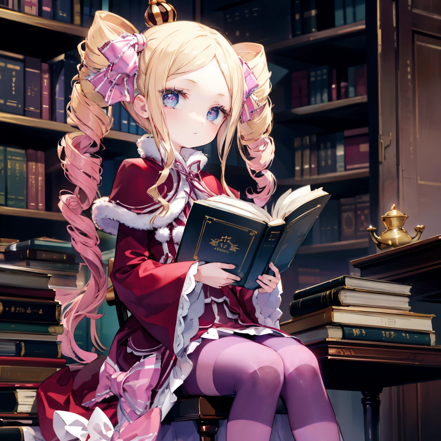 masuter piece, Best Quality, top-quality, Anime style, The best lighting, Beautiful face, Rezero, Beatrice, 1girll, Forbidden Library Background, Sit in a chair and read a book, I don&#39;dong&#39;don&#39;t write on the desk., Vertical twin roll hairstyle