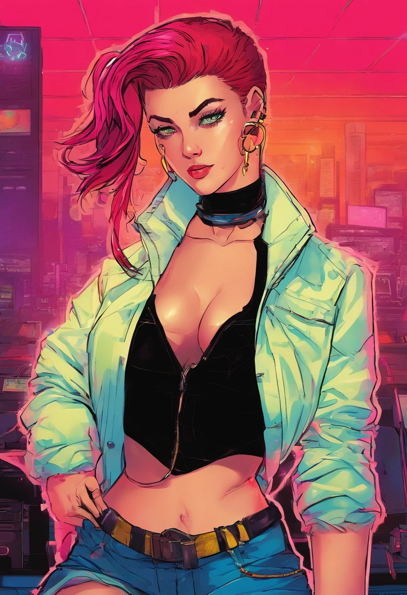 20 years old teen in office, aroused look, red hair, pony tail, busty, huge breasts, cleveage, cyberpunk theme, unbuttoned white blouse, short black skirt, black jacket, neon lights