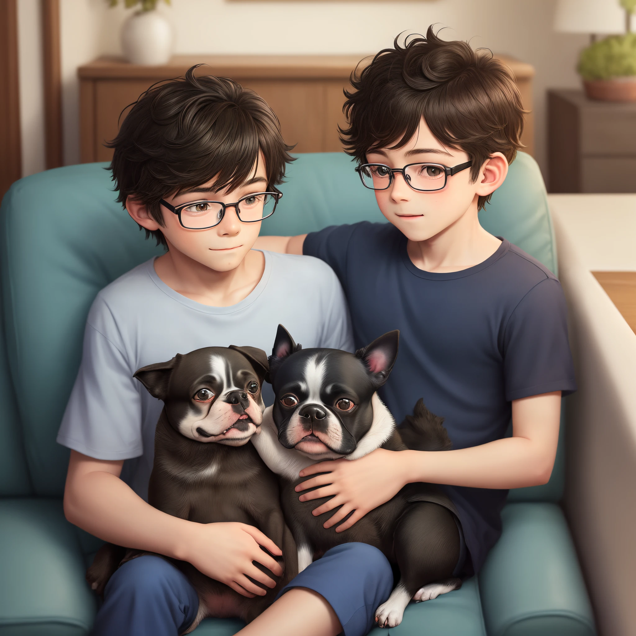 A 10 year old boy with glasses and has a 3 year old Boston terrier on his lap