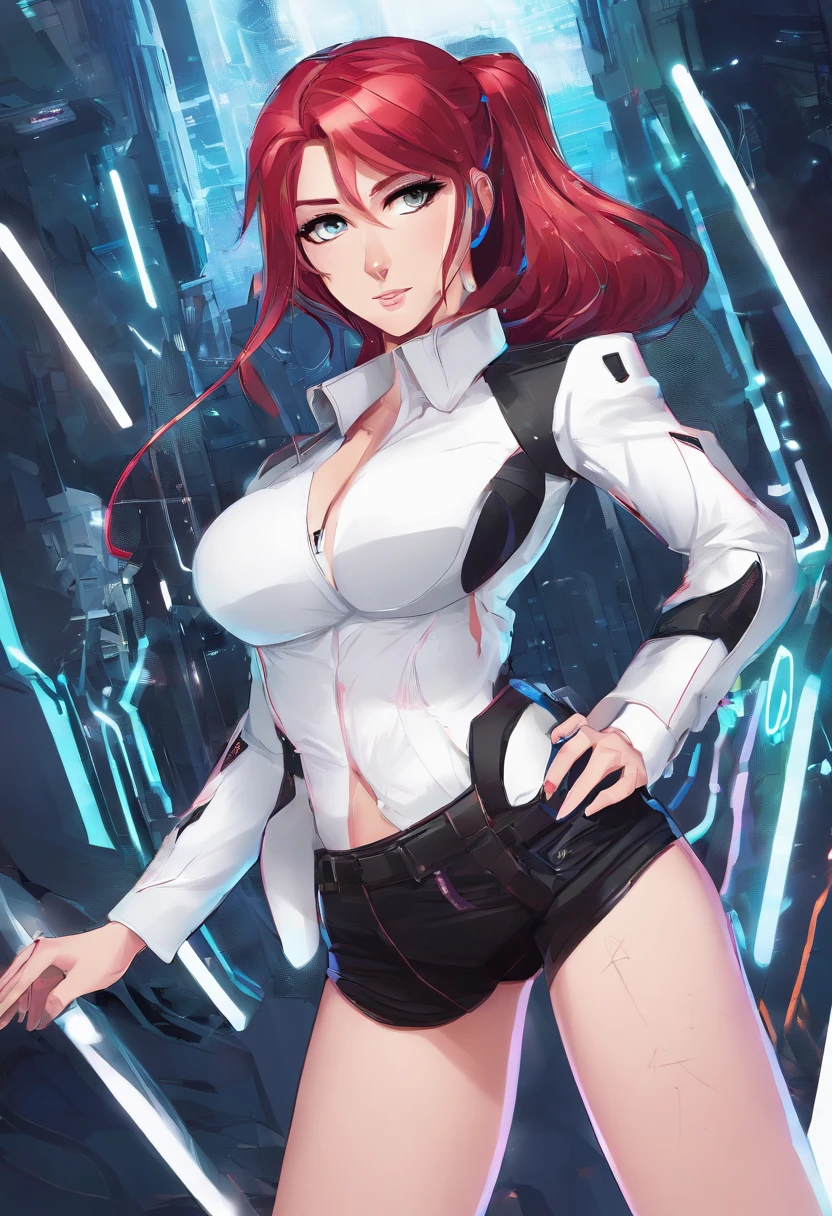 20 years old teen in office, aroused look, red hair, pony tail, busty, huge breasts, cleveage, cyberpunk theme, unbuttoned white blouse, short black skirt, black jacket, neon lights