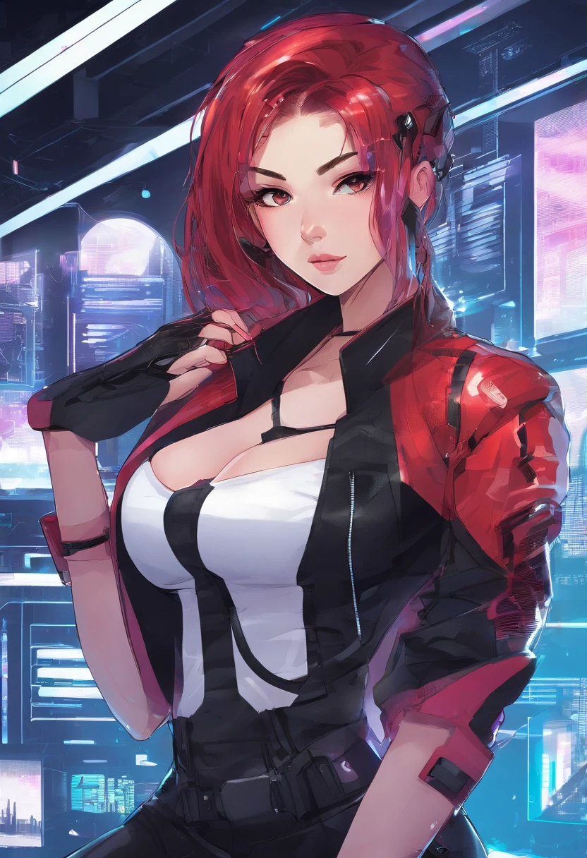 20 years old teen in office, aroused look, red hair, pony tail, busty, huge breasts, cleveage, cyberpunk theme, unbuttoned white blouse, short black skirt, black jacket, neon lights