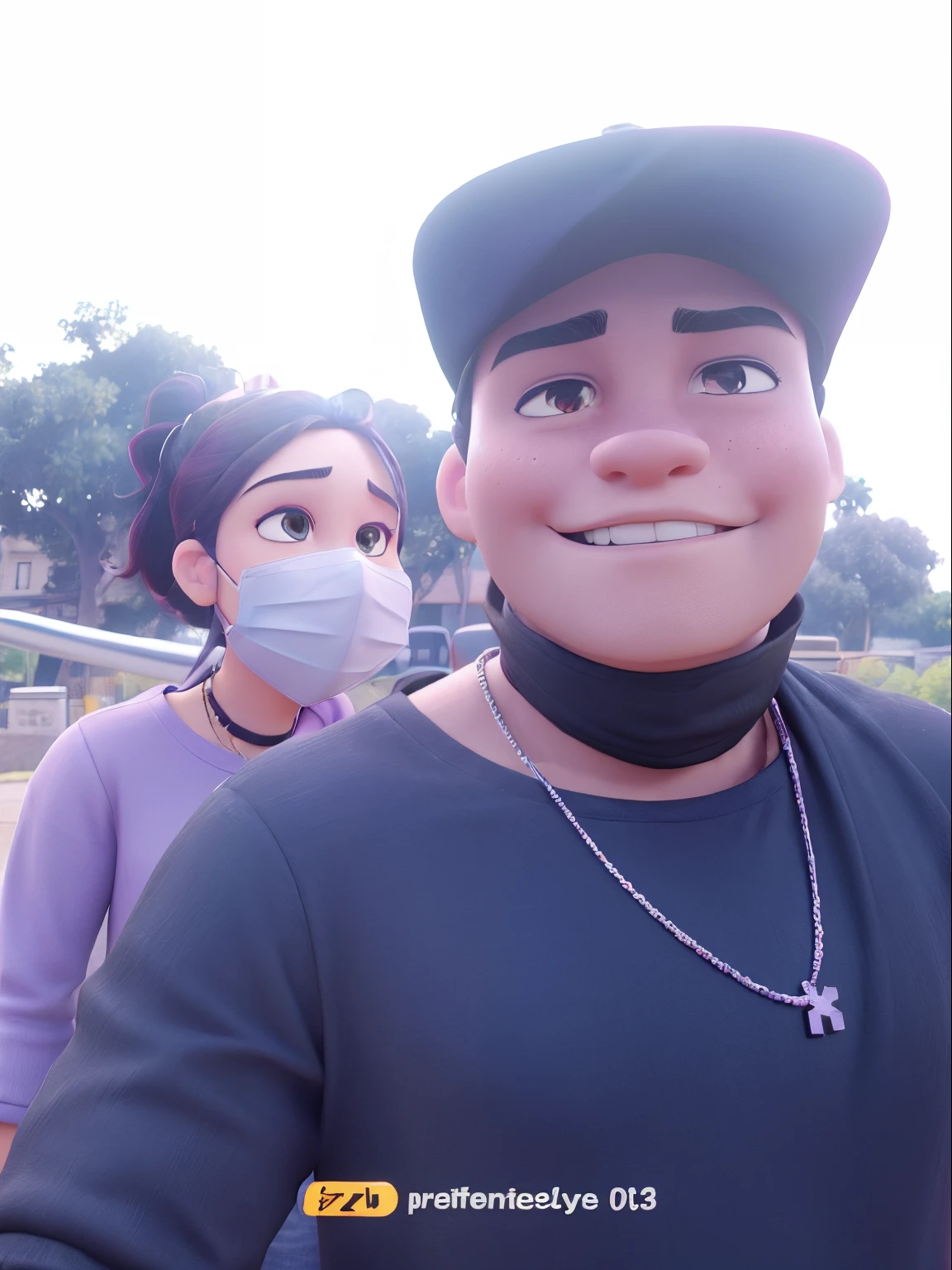 A man wearing black cap and black T-shirt and a black mask under her chin and a necklace with a cross and his back a girl with a purple T-shirt and a purple mask on his face and a pony tail no people in the back 3D
