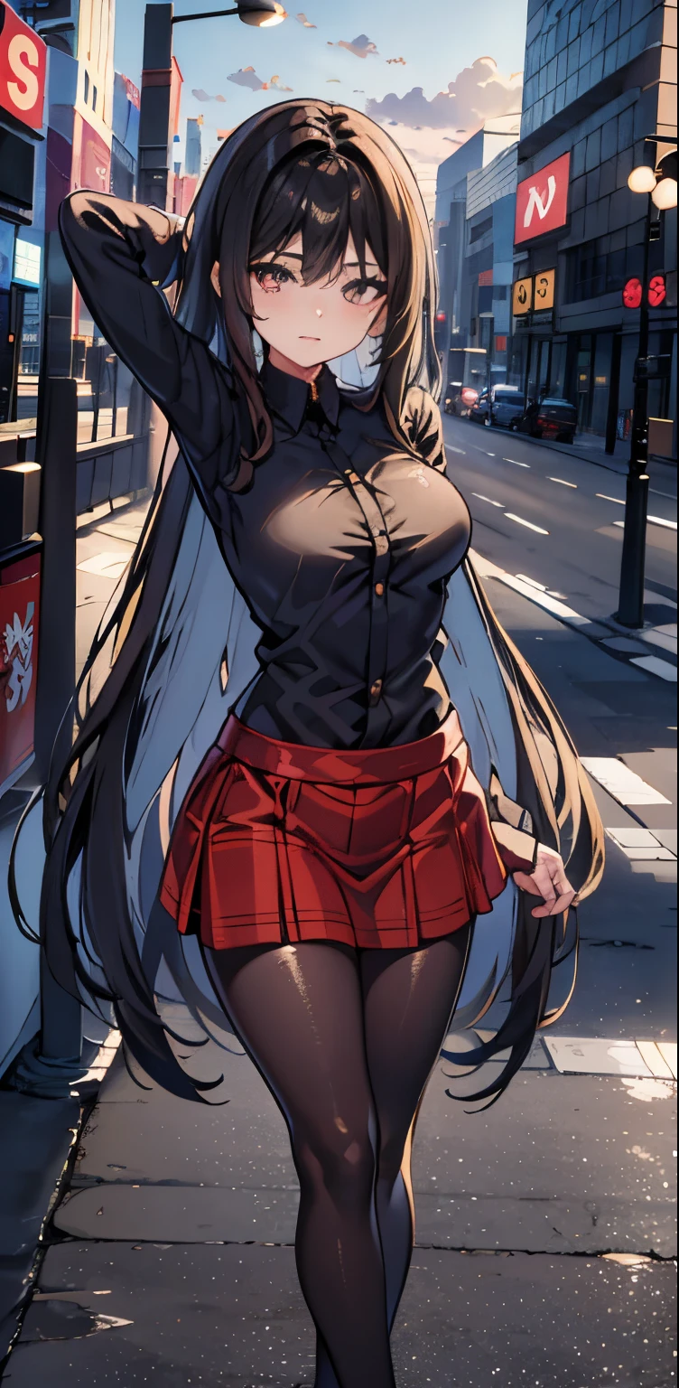 game , Nikke, the goddess of victory, Neat , Light brown hair,  Captivating eyes ,beautiful face , Crystal red eyes ,  Long Hair ,sweater shirt, Cream colored shirt, pants, Bright Eyes, ,G-cup breasts, Narrow waist, Captivating thighs, , 5 fingers on each hand, both hands ,2 Foot , city, date, Sit down, Are standing, beautiful, High heels, Nightlife,Large Breasts
