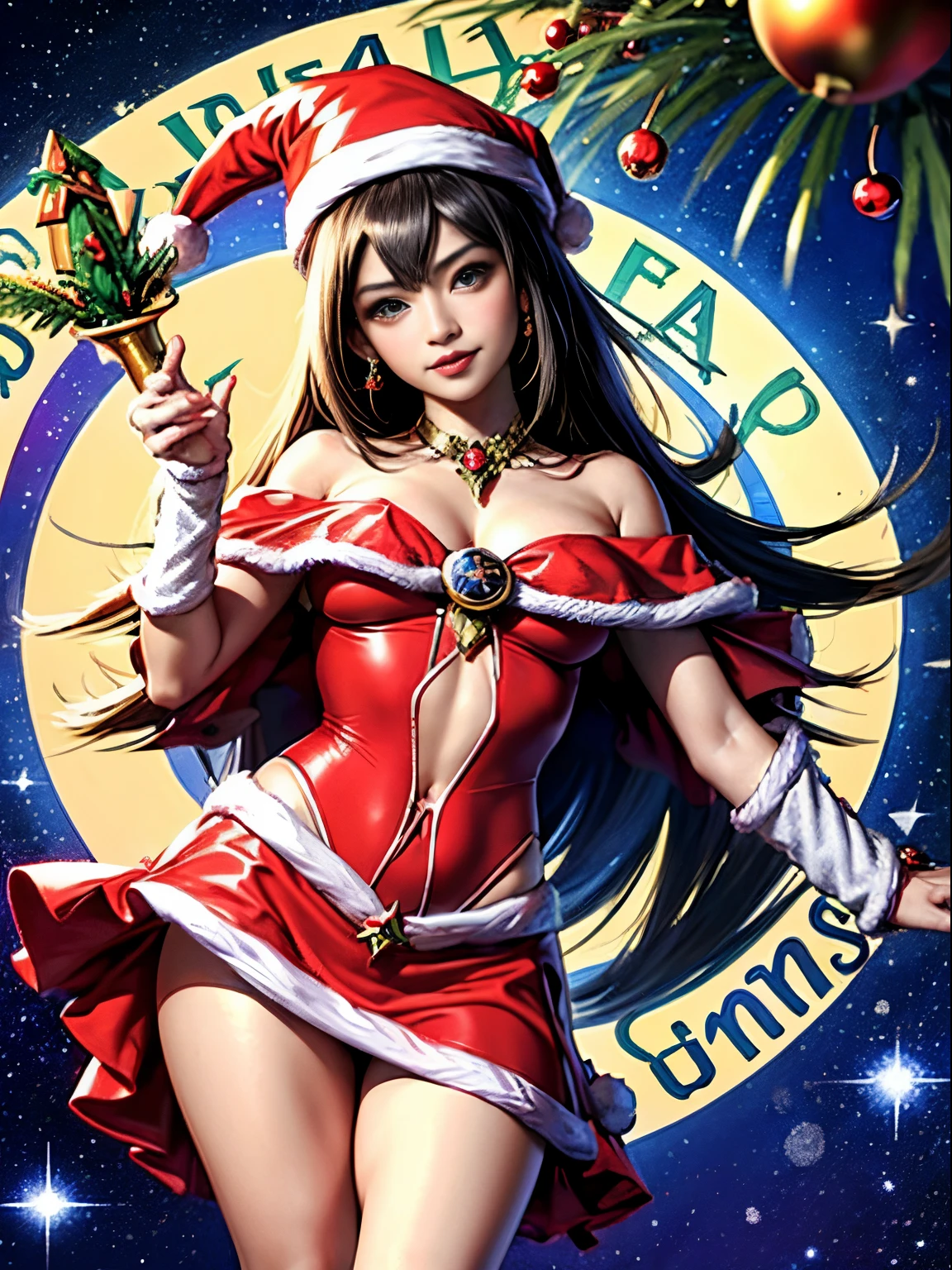 Dark magician gils con vestido rojo,((see through)), extremadamente detallado, rubio,(((Mini falda diminuta))), ((skirt lift)),(((tanga visible))),Sonriendo, ojos azules, realista, tacones rojos, (((Navidad))), escote, ((christmas tree, Regalos)), cabello rubio, navidad de Magia. Pose sejustiva y sensual.