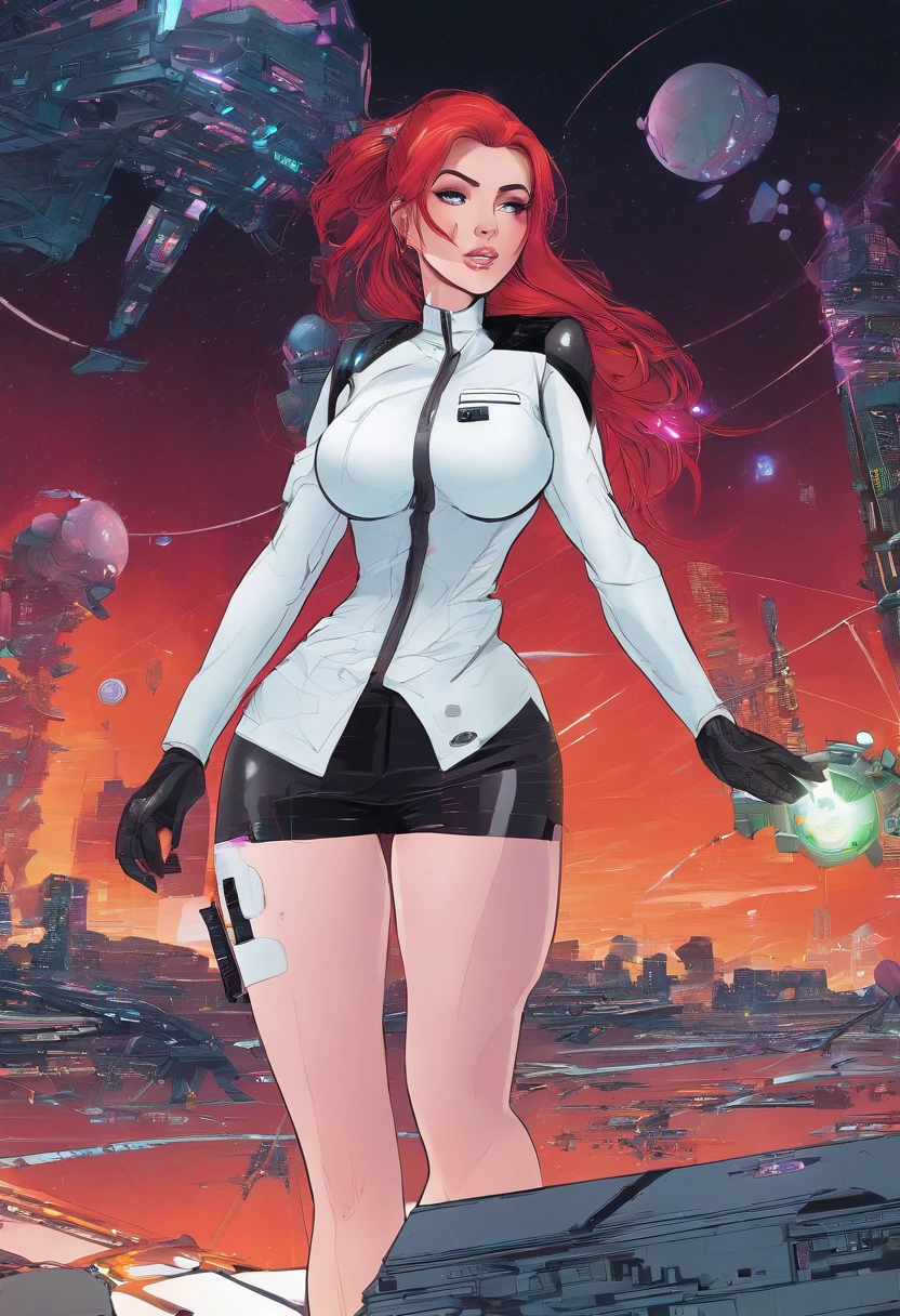 20 years old teen in office, aroused look, red hair, pony tail, busty, huge breasts, cleveage, cyberpunk theme, unbuttoned white blouse, short black skirt, black jacket, neon lights