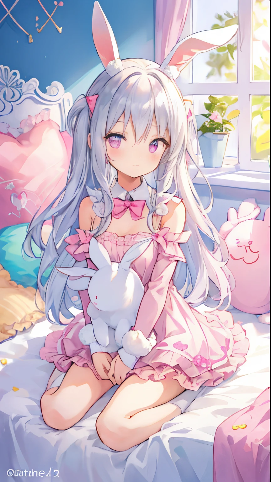 score_9, score_8_up, score_7_up, 1girl, cute, hair ribbon, light purple hair, long hair, rabbit girl, skirt, blush, indoors, on couch, lying, on stomach,