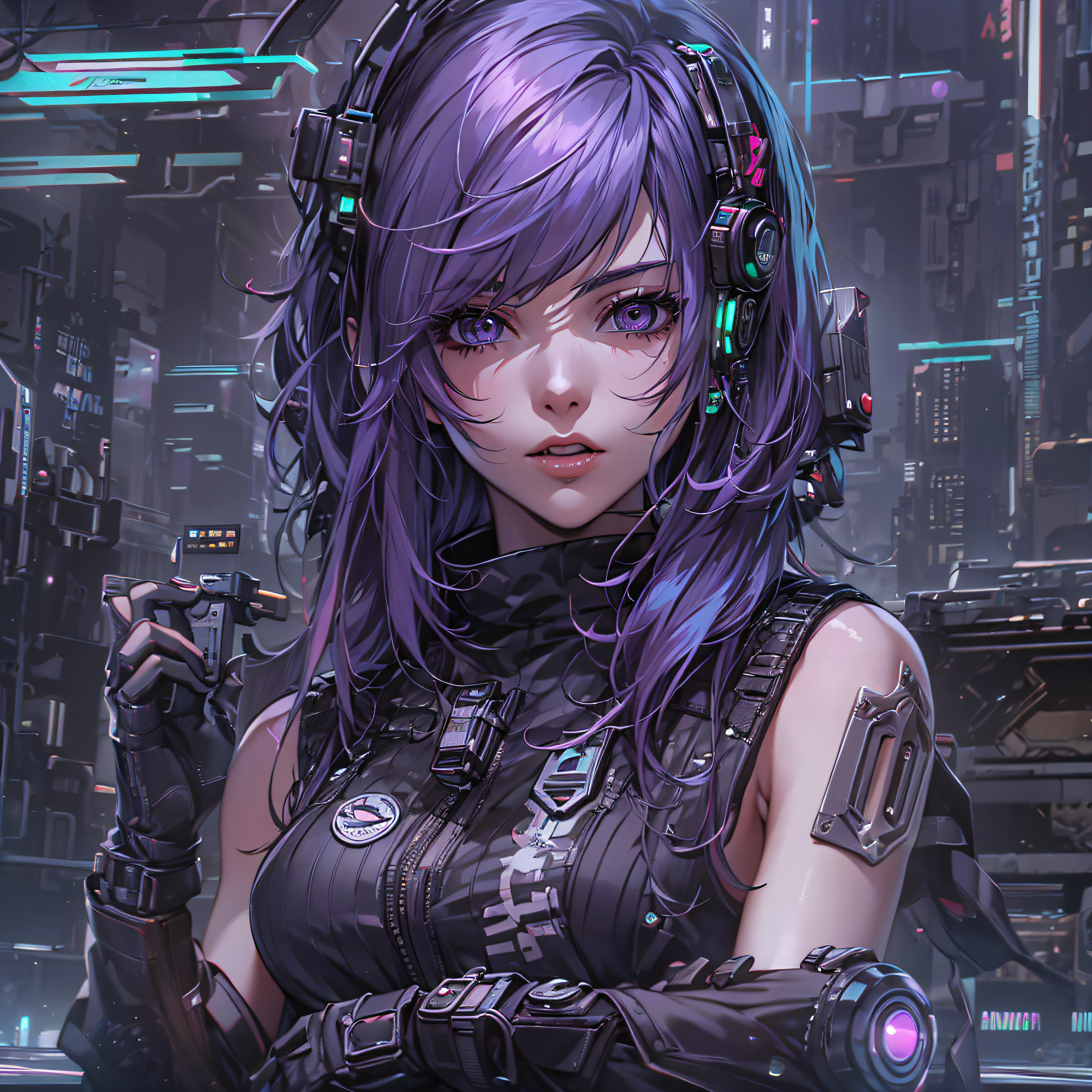 ((the best ever)), ((Superior Quality)), Master Parts, Cyberpunk, top-quality, girl with, purple color hair, busts, Black clothe, anime styled, white backgrounid