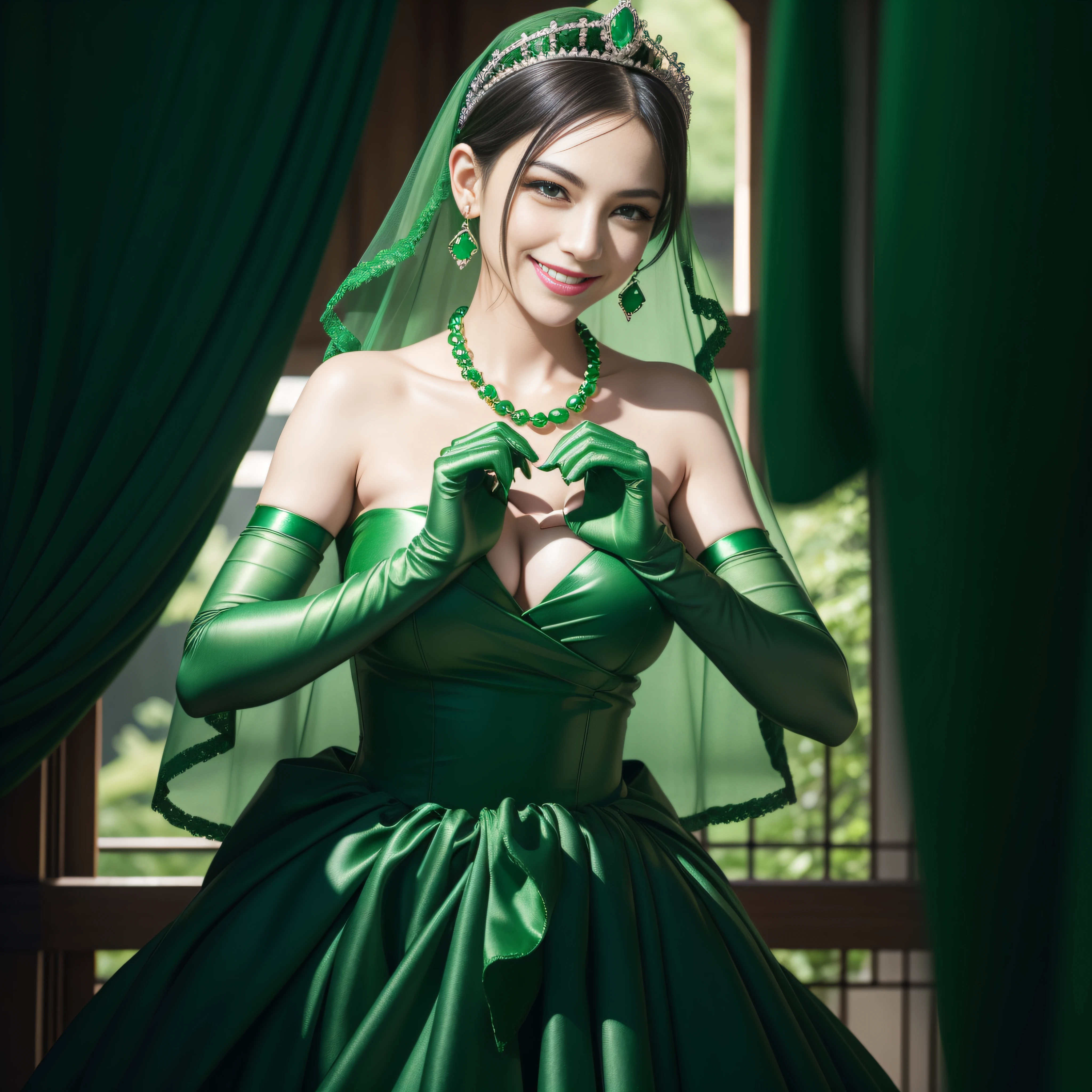 emerald tiara, Green Pearl Necklace, Boyish very short green hair, lipsticks, Japan woman smiling, very short short hair, big breasts beautiful, Green eyes, Long green gloves made of satin material, Green eyes, Emerald Earrings, green vale, Heart with both hands, Green hair