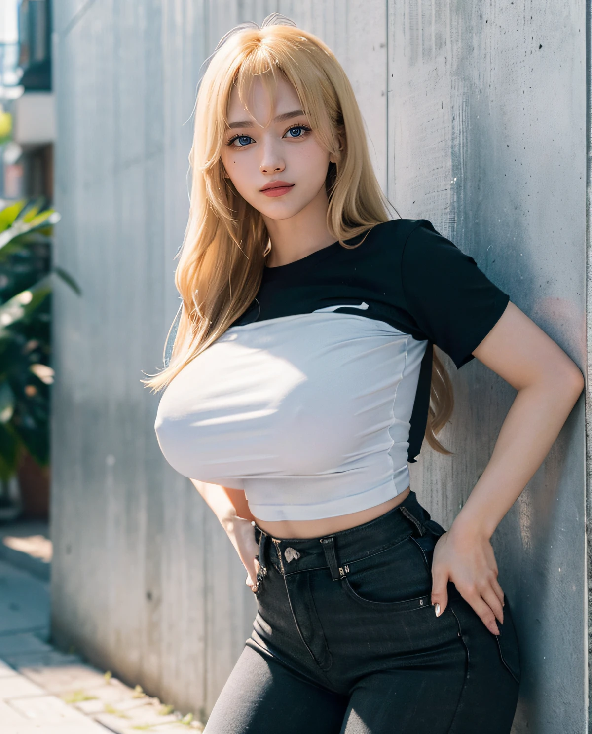 1girl, (Blue eyes), (Smile), (Sana Minatozaki), wide , Big , big , round , (Best Quality, 8k, Masterpiece: 1.3), perfect hands, Clear Focus: 1.2, Perfect Body Beauty: 1.4 , Slender Abs: 1.2, Highly detailed face and skin texture, detailed eyes, double eyelids, (blonde long bangs hair), (tight black t-shirt :1.3), (white jeans :1.2), standing, on a busy street in Tokyo, (leaning  :1.3)