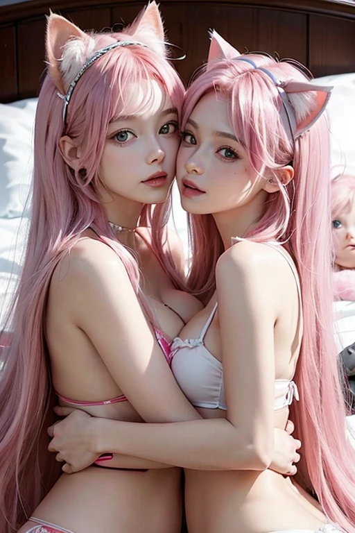 photo depicting moment of love between two mother´s and newborn baby, in bed, two 17 year old woman´s, long pink hair with cat ears, big breasts, pink bikini, with your newborn baby,long pink hair, her little baby 1 year.