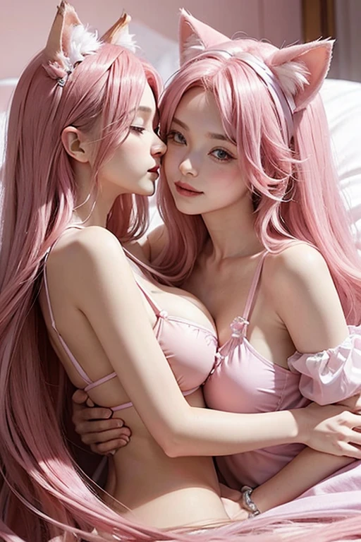 photo depicting moment of love between two mother´s and , in bed, two 17 year old ng pink hair with cat ears, big breasts, pink bikini, with your newborn baby,long pink er little baby 1 year.