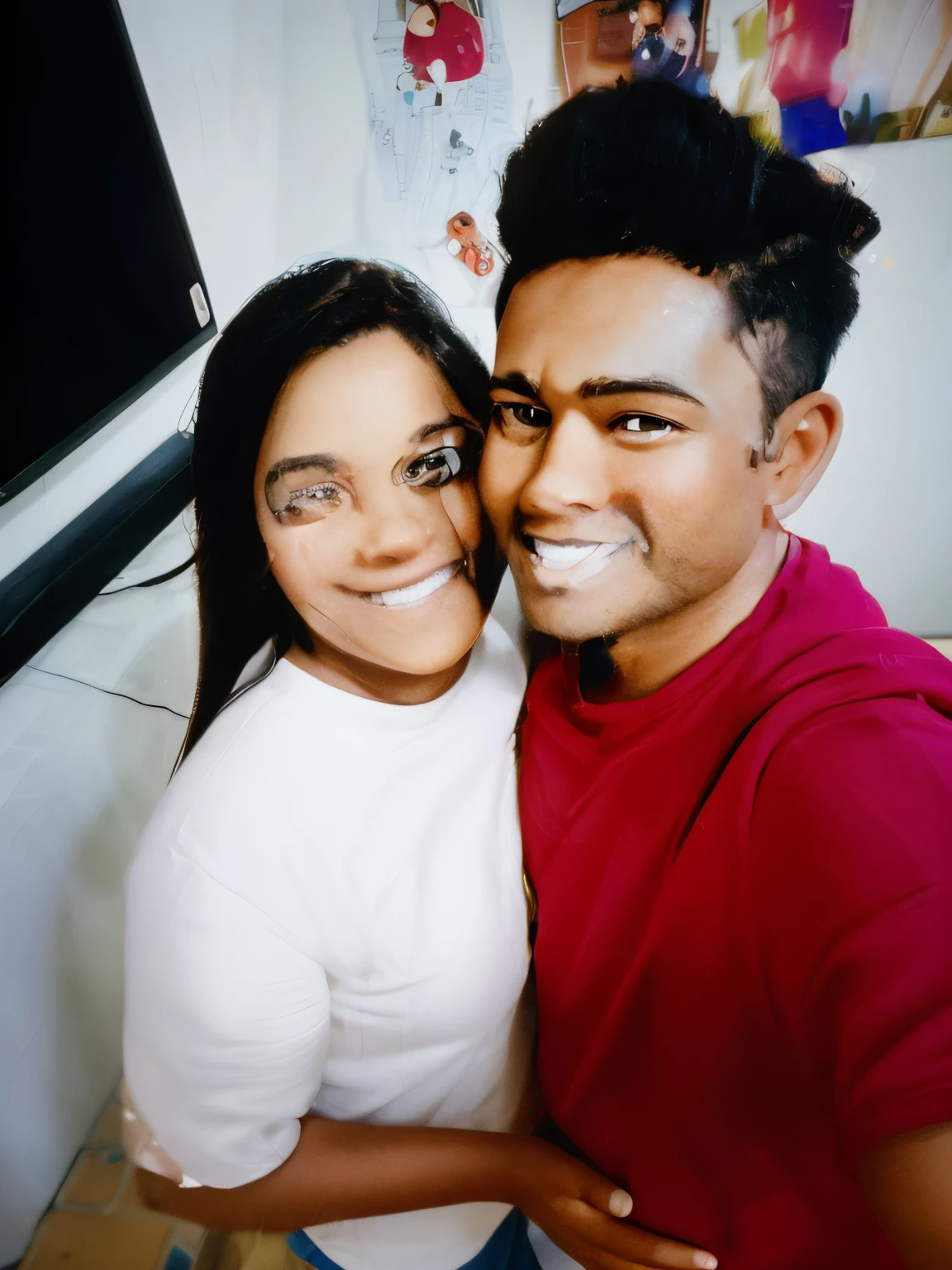 An illustration of an adorable couple, Highlight for a normal-bodied brown man with glasses, rounded, smiling and a brown-colored woman with beautiful expressive eyes, glasses - the man's skin is light brown, the man's hair is a short cut, the woman's skin is brunette, and the woman's hair is straight and brown. They are a bright room, cada um com um sorriso no rosto, e compartilhar um momento especial caracterizado pelo amor, Insights. Illustrate this scene from a perspective where they are facing the camera, a dark-walled church image in the background, Smiling and Showing Your Connection. Desenvolva esta arte em Full HD, Focus on your cinematic touch, Estilo Disney Pixar Animations