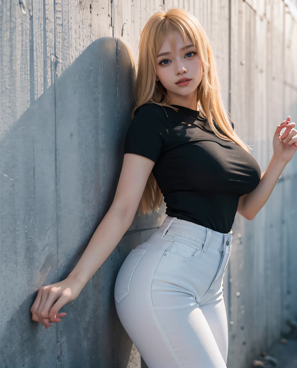 1girl, (Blue eyes), (Smile), (Sana Minatozaki), wide hips, Big Boobs, big ass, round butt, (Best Quality, 8k, Masterpiece: 1.3), perfect hands, Clear Focus: 1.2, Perfect Body Beauty: 1.4 , Slender Abs: 1.2, Highly detailed face and skin texture, detailed eyes, double eyelids, (blonde long bangs hair), (tight black t-shirt :1.3), (white jeans :1.2), standing, on a busy street in Tokyo, (leaning against the wall :1.3)