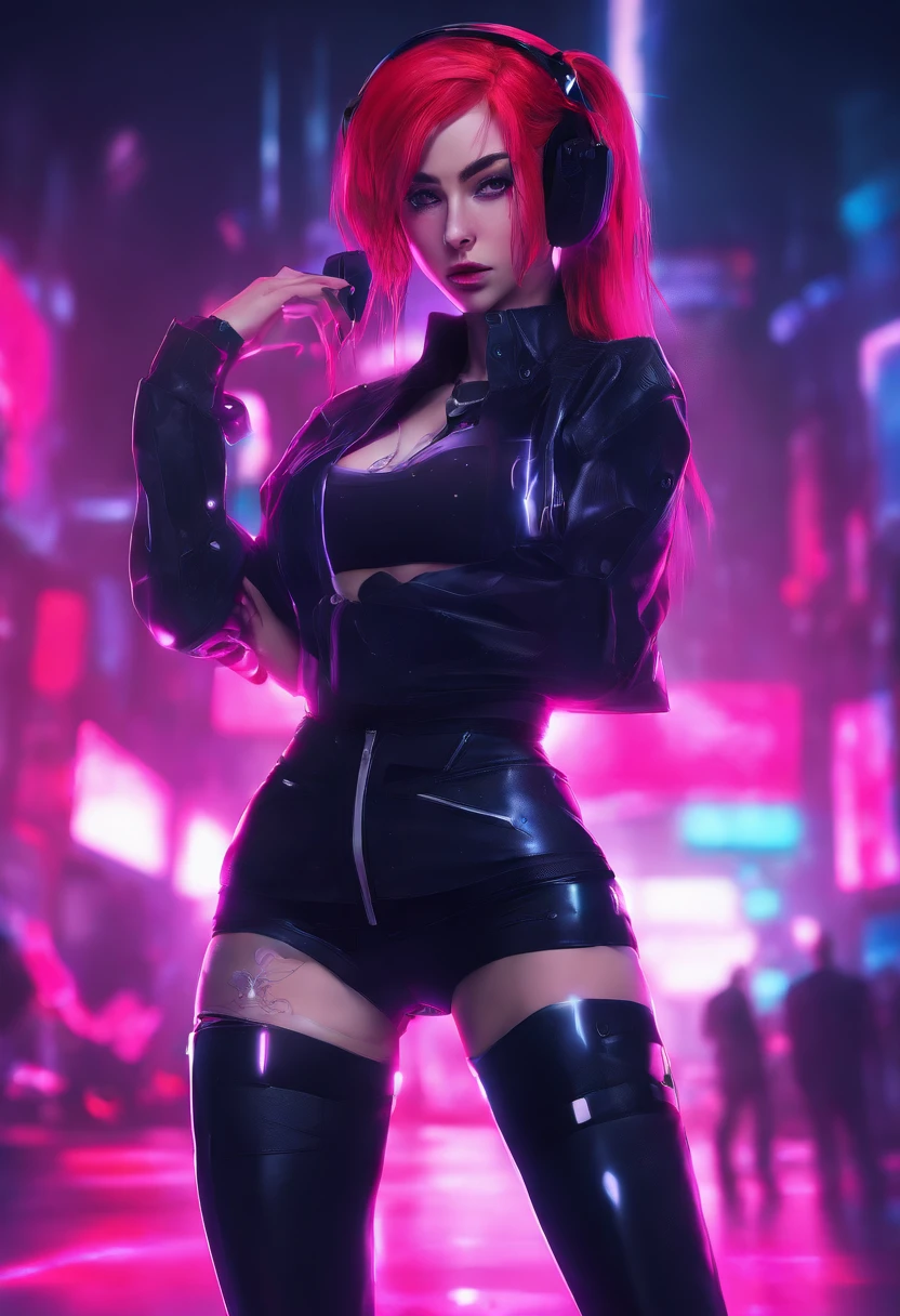 20 years old in office, aroused look, red hair, pony tail, busty, huge breasts, cleveage, cyberpunk theme, unbuttoned white blouse, short black skirt, black jacket, neon lights