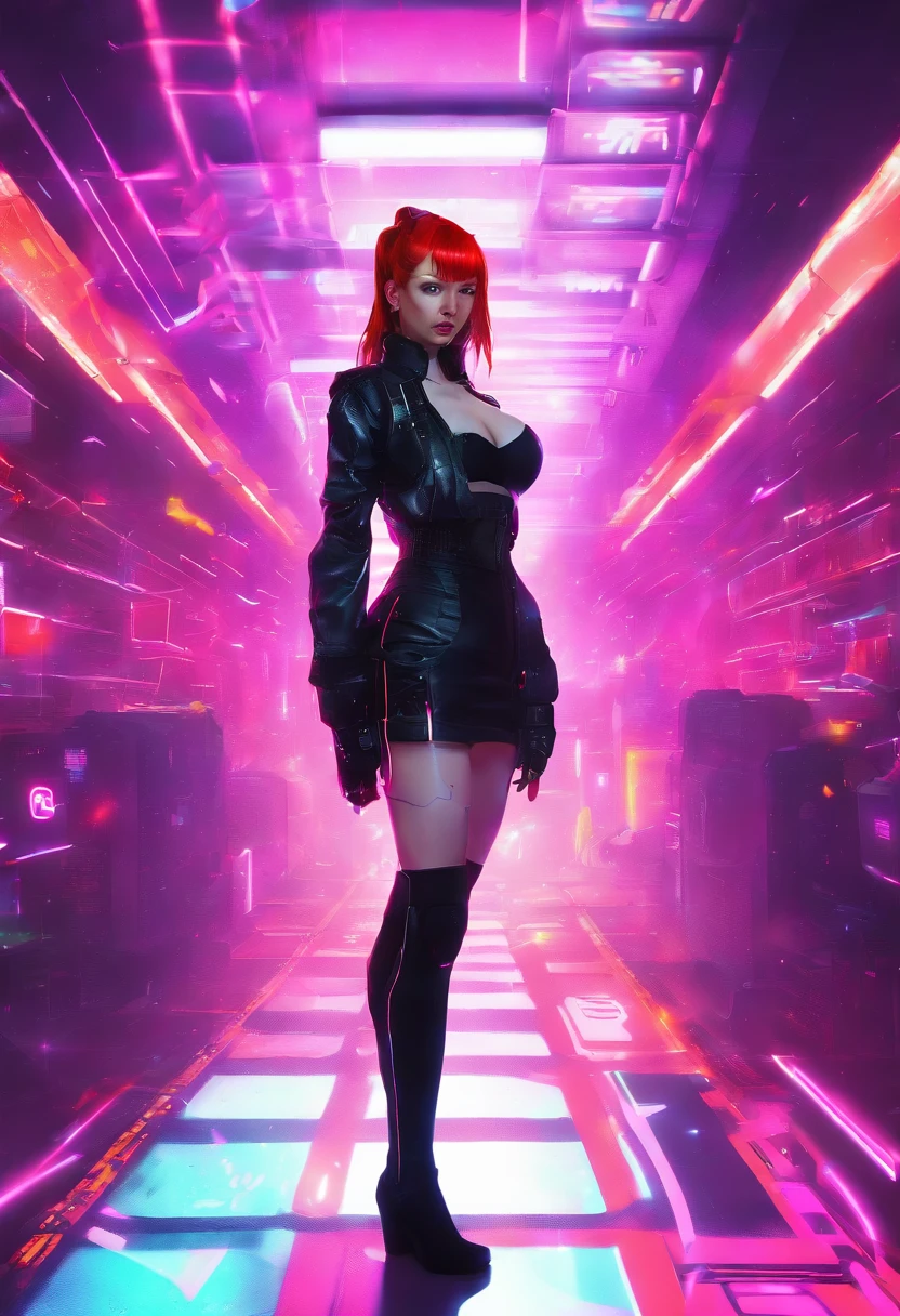 20 years old teen in office, aroused look, red hair, pony tail, busty, huge breasts, cleveage, cyberpunk theme, unbuttoned white blouse, short black skirt, black jacket, neon lights