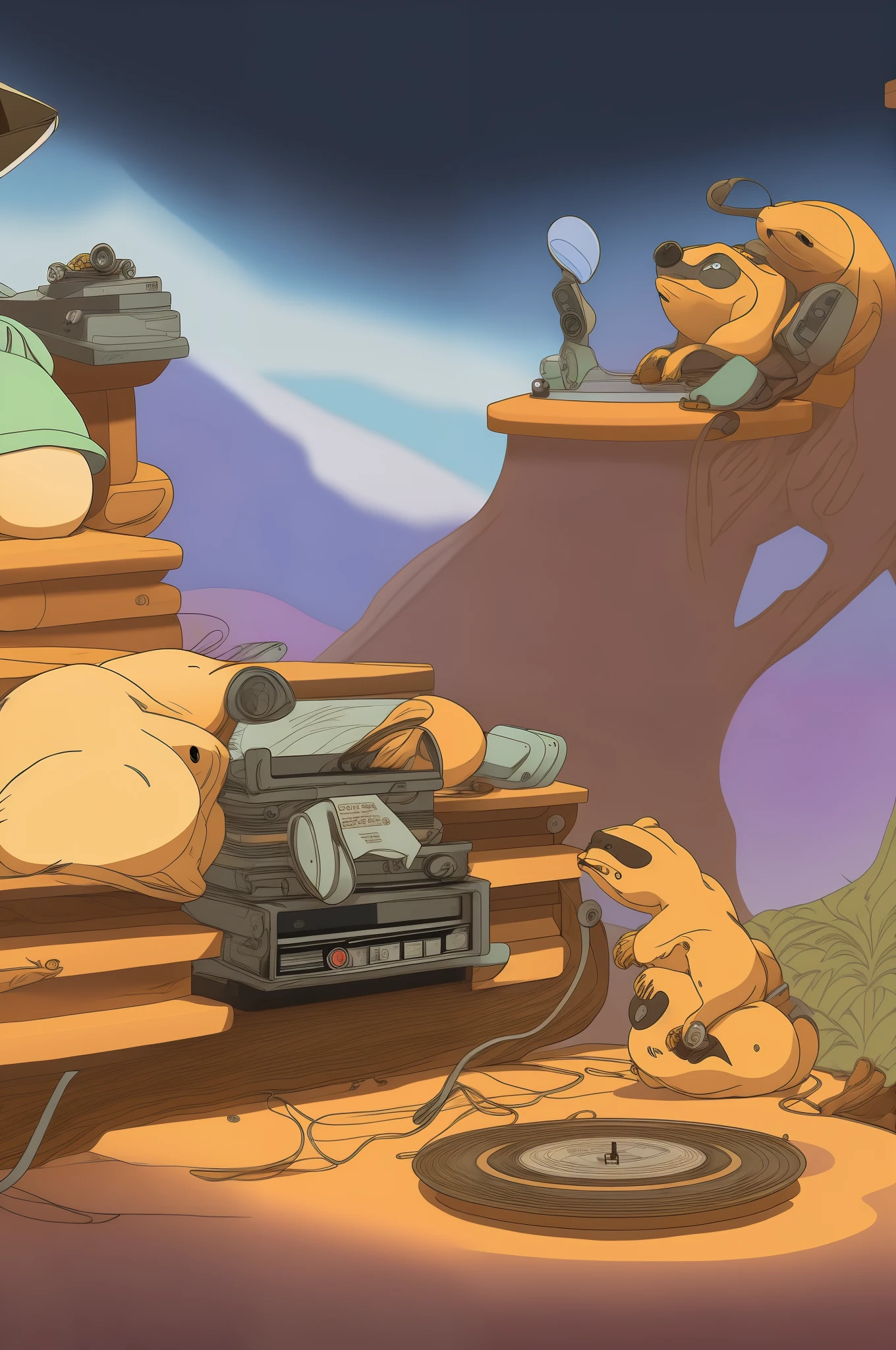 alolan sandshrew wearing glasseslistening to a record player while sitting in a grandpa chair reading a newspaper