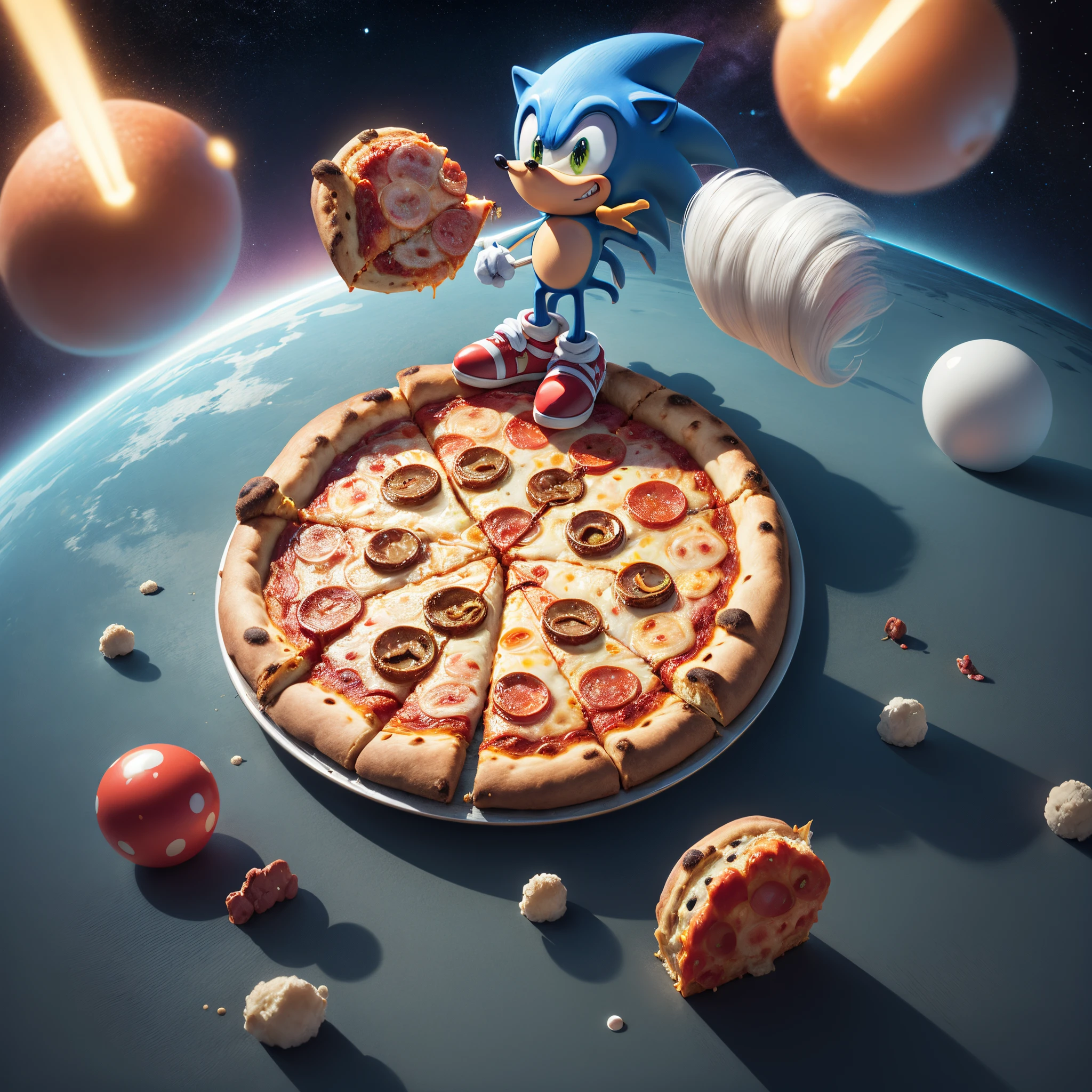 Sonic eating pizza on space