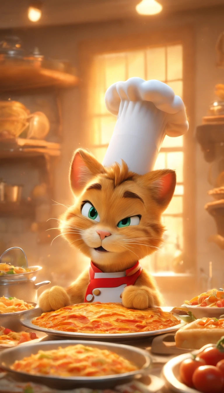 (masterpiece, best quality, ultra-detailed, photorealistic), garfield with beautiful detailed orange fur and expressive blue eyes, wearing a chef costume with a tall white chef hat, sitting comfortably on a modern wooden chair in front of a large wooden dining table in a stylish kitchen interior. The table is elegantly set with a plate of mouthwatering lasagna, meticulously layered with rich tomato sauce, melted cheese, and perfectly cooked pasta sheets. A golden brown crust covers the top, adding a delightful crunch to the dish. The aroma of the savory lasagna fills the air, making it hard to resist. Garfield sits with a mischievous grin on his face, excitedly awaiting his delicious feast. The whimsical kitchen is beautifully lit with warm, soft lighting, creating a cozy atmosphere. The walls are adorned with playful chef-themed artwork, adding a touch of artistic flair. The color palette of the scene is vibrant, with bold reds and oranges representing the warmth and comfort associated with home-cooked meals. The composition of the image is carefully framed, highlighting the mouthwatering dish and capturing Garfield's animated expression. The ultra-detailed rendering showcases the intricate textures of the fur, chef costume, lasagna, and the surrounding kitchen elements. The attention to detail enhances the photorealistic quality of the artwork, making it appear almost lifelike. This masterpiece of a scene combines a beloved cartoon character, delectable food, and a whimsical touch to create a visually stunning and delightful prompt for Stable Diffusion.