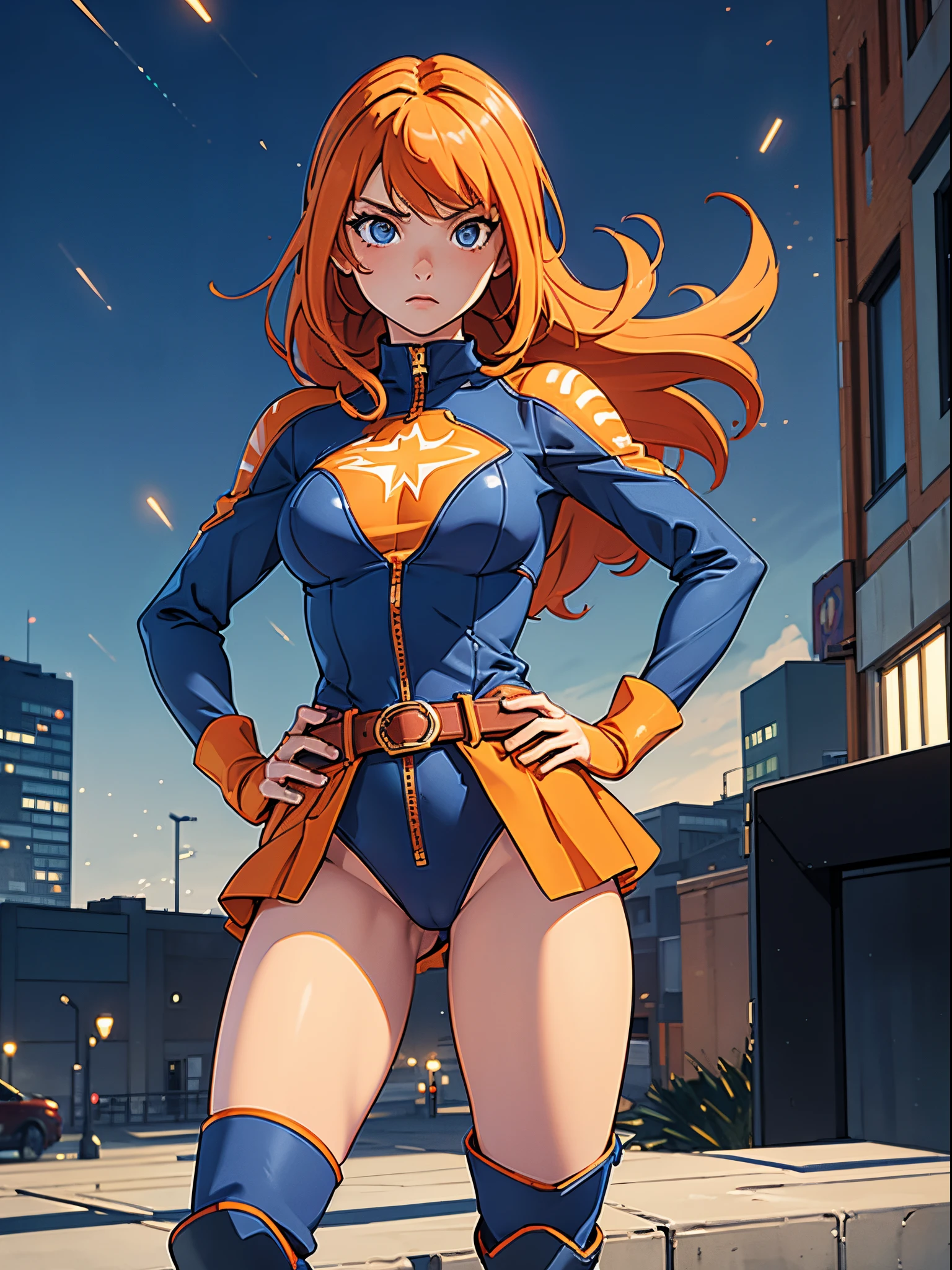 masterpiece, best quality, 1girl, superhero, leotard, bare legs, knee boots, matching boots, heroic, city backdrop, standing, body infused with energy, light particles, solo, single, cowboy shot, perfect anatomy, hand on hip, orange hair, beautiful detailed eyes, belt