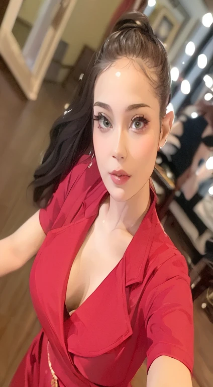 masterpiece,best quality,(high quality:2)araffe woman in red dress taking selfie in front of mirror(undressing), 2 , 2 8 years oldold woman, 3 0 years old woman, 2 9 years old, 3 2 yearsquality upload,old, headshot profile picture