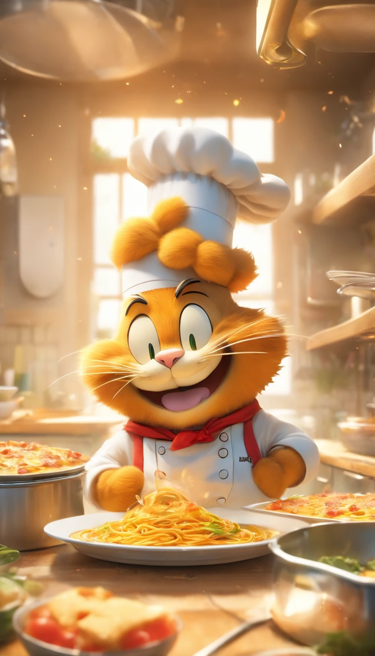 Craft a visual masterpiece with the utmost attention to detail and photorealistic elements. Illustrate Garfield, the iconic character, donning a chef costume. Place him with a grin in front of a plate of lasagna within a whimsically detailed kitchen interior. The scene should capture the essence of culinary delight and humor, infusing each detail with charm and playfulness. Ensure the image achieves the best quality, delivering an ultra-detailed and captivating representation.