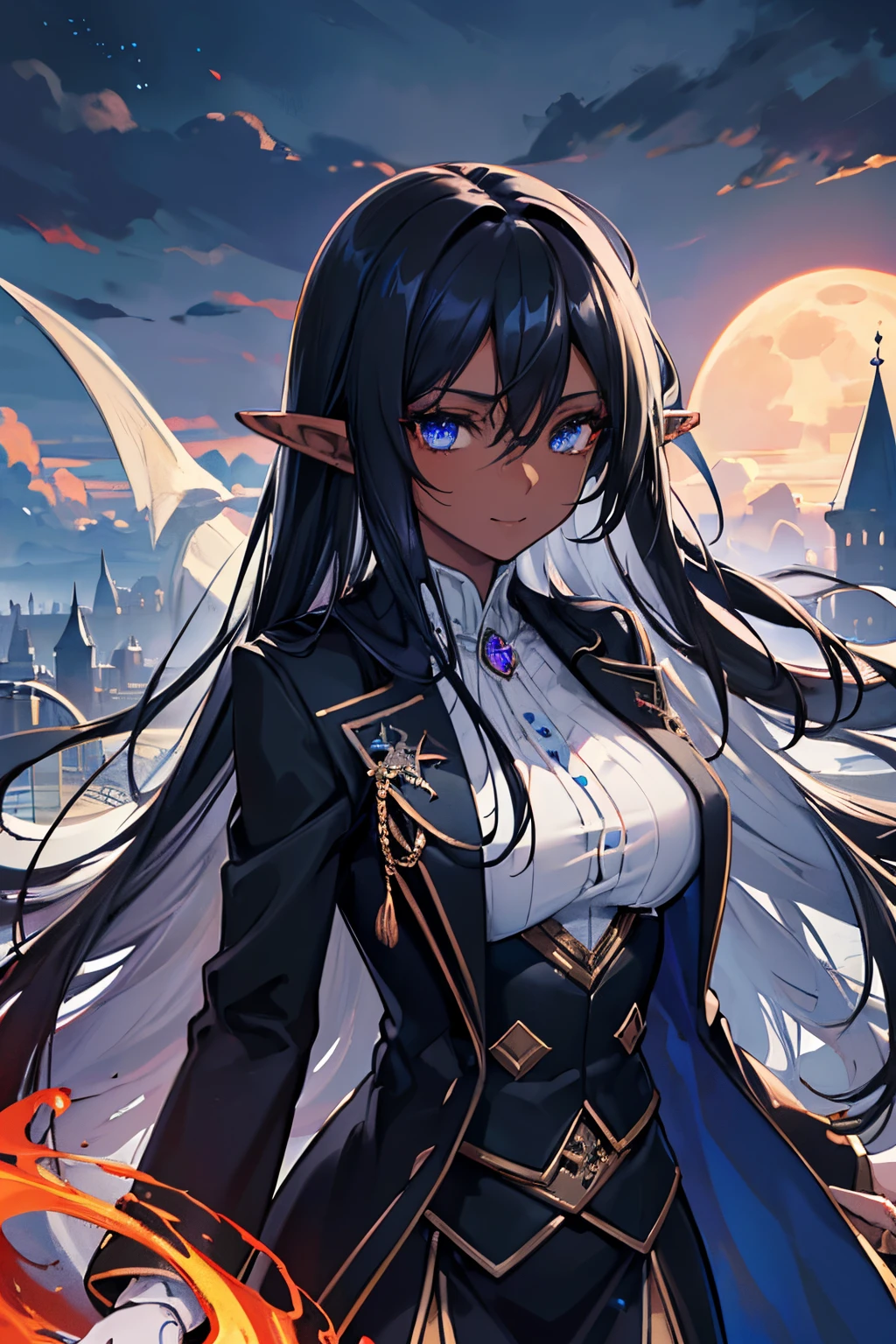 masterpiece, best quality, 1girl, (colorful),(finely detailed beautiful eyes and detailed face),cinematic lighting,bust shot,extremely detailed CG unity 8k wallpaper,white hair,solo,smile,intricate skirt, sky, cloudy_sky, building, moonlight, moon, night, (dark theme:1.3), light, fantasy, ((Dark Skin)) ((Blue Eyes)) ((Elf Ears)) (((Black Overcoat))) (((Dragon Girl))) (((Fire Magic))) (((Black Hair))) Best Res, High Res, Absurd Res ((Royalty))