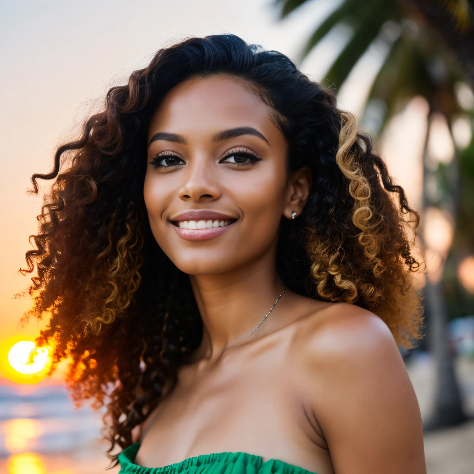 (straight most of the body: 1.4), RAW UHD portrait photo of a 35-year-old cubana, colored girl, mulatta, (green-eyed woman), dancing along the beach in sunset, palm trees, slim body, dance pose, white blouse, red short skirt, details (textures!, curly long hair! color!! , disadvantages: 1.1), glossy eyes with high detail (looking at the camera), SLR lighting, SLR camera, ultra-quality, sharpness, depth of field, film grain (center), Fujifilm XT3, 35mm crystal clear, frame center, normal but nice looking face without makeup, sharp focus, orange sunset, bokeh (dimly lit), night, (night sky), detailed skin pores! oily skin, brown skin, complex eye details, full body, small breasts, smiling, some defects in the skin