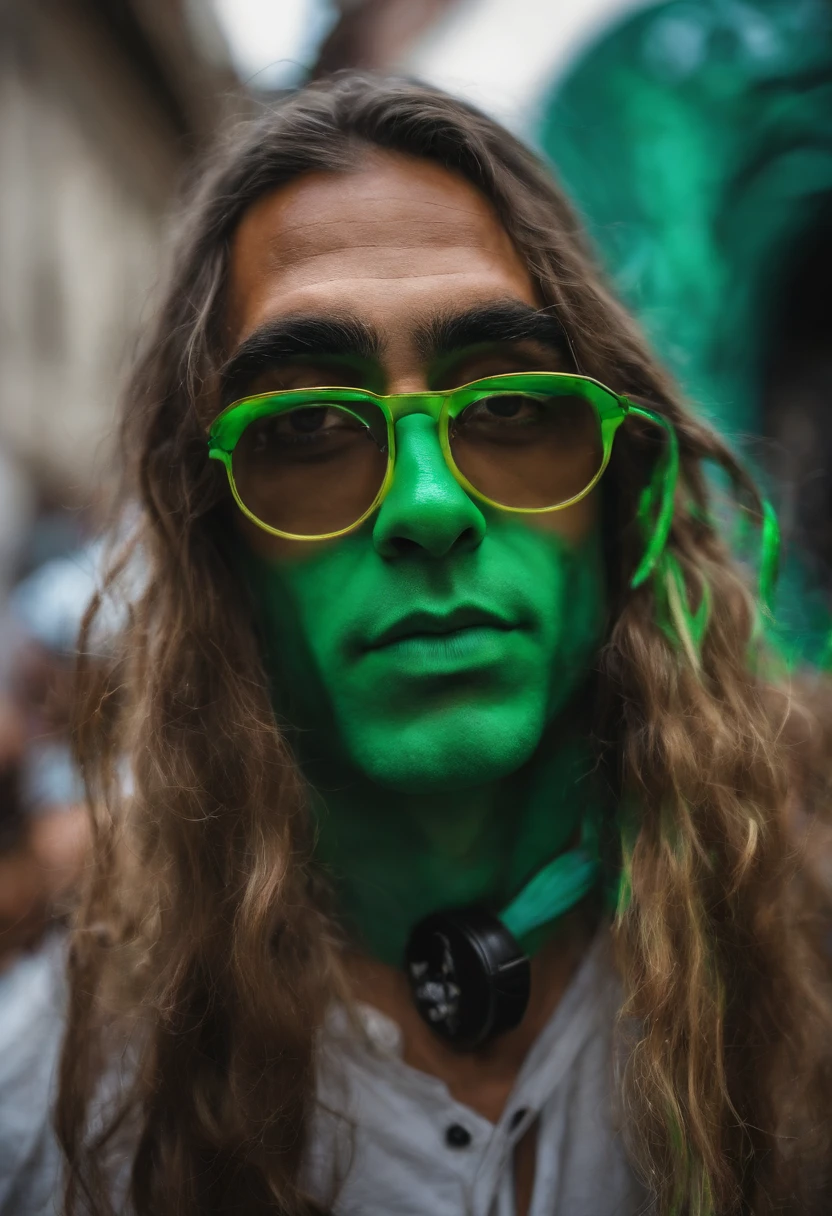 ButterflyEffect photographing a mesmerizing street art performance during a cultural festival.,original,ButterflyEffect has long hair and wire rim glasses. He has a hook nose and bright green eyes.