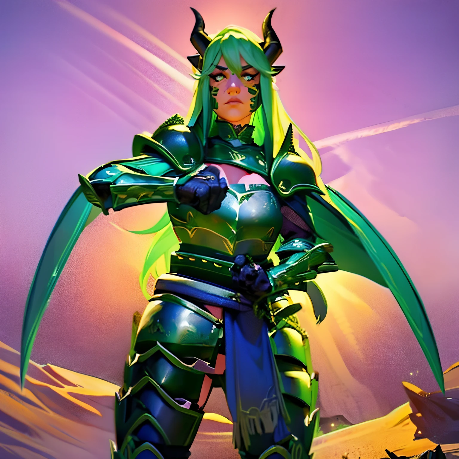 1 person, female, full body, glowing  purple eyes, green hair color, green scale color, Ultra-detailed face, Highly Detailed Lips, Detailed Eyes, dragon horns, standing up, wearing blue colored armor, wielding sword, in a desert, dense scales on face, sparks