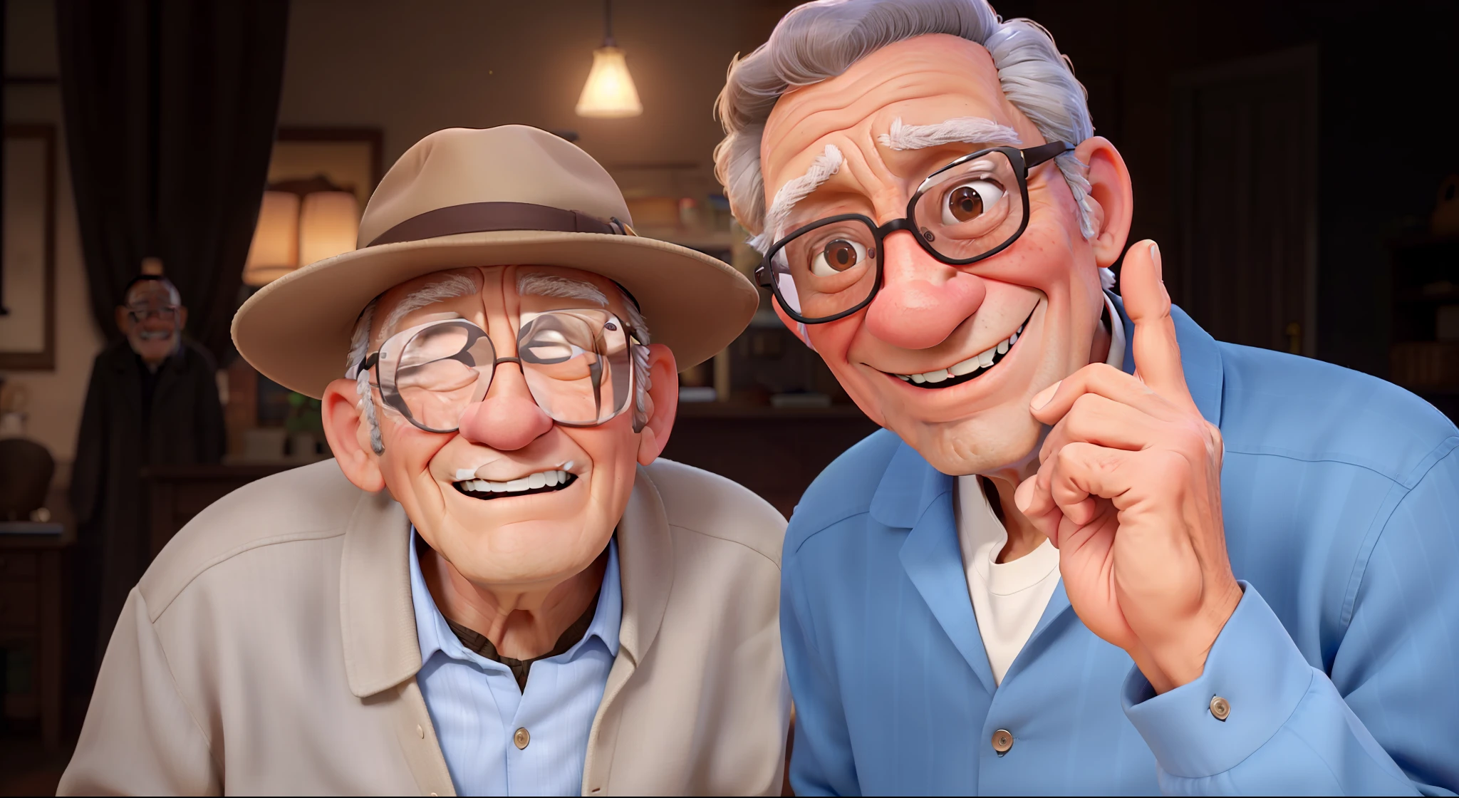 A 90-year-old man with dark skin without glasses and a hat next to a 50-year-old man with dark skin and glasses