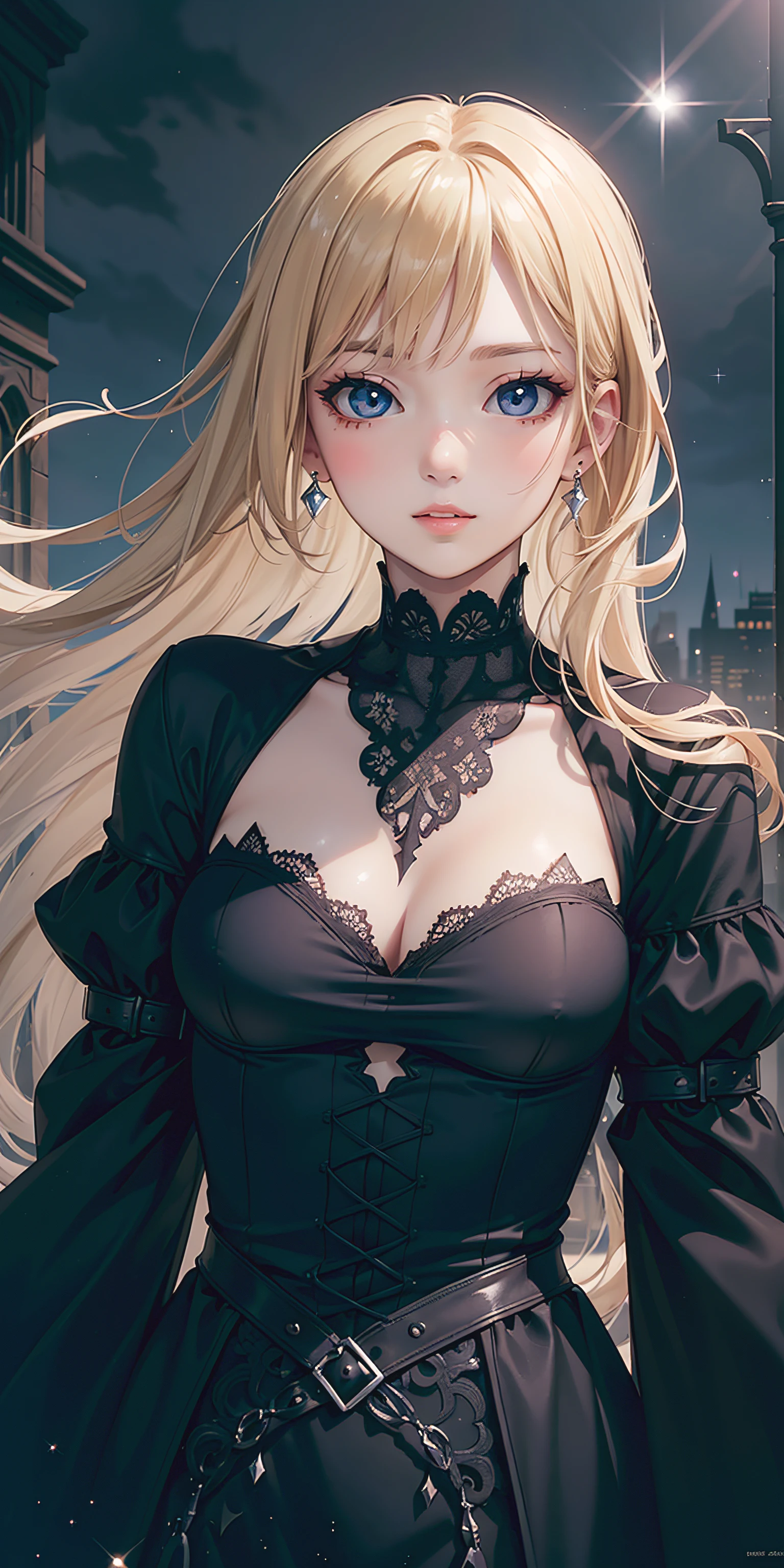 (extremely detailed CG unity 8k wallpaper,masterpiece, best quality, ultra-detailed),(best illumination, best shadow, an extremely delicate and beautiful),floating,high saturation,blonde hair+blue eyes:1.2,gloomy gothic scenery, long hair, gaze into the distance. (A beautiful girl with long blonde hair and blue eyes sparkling gothic lighting)