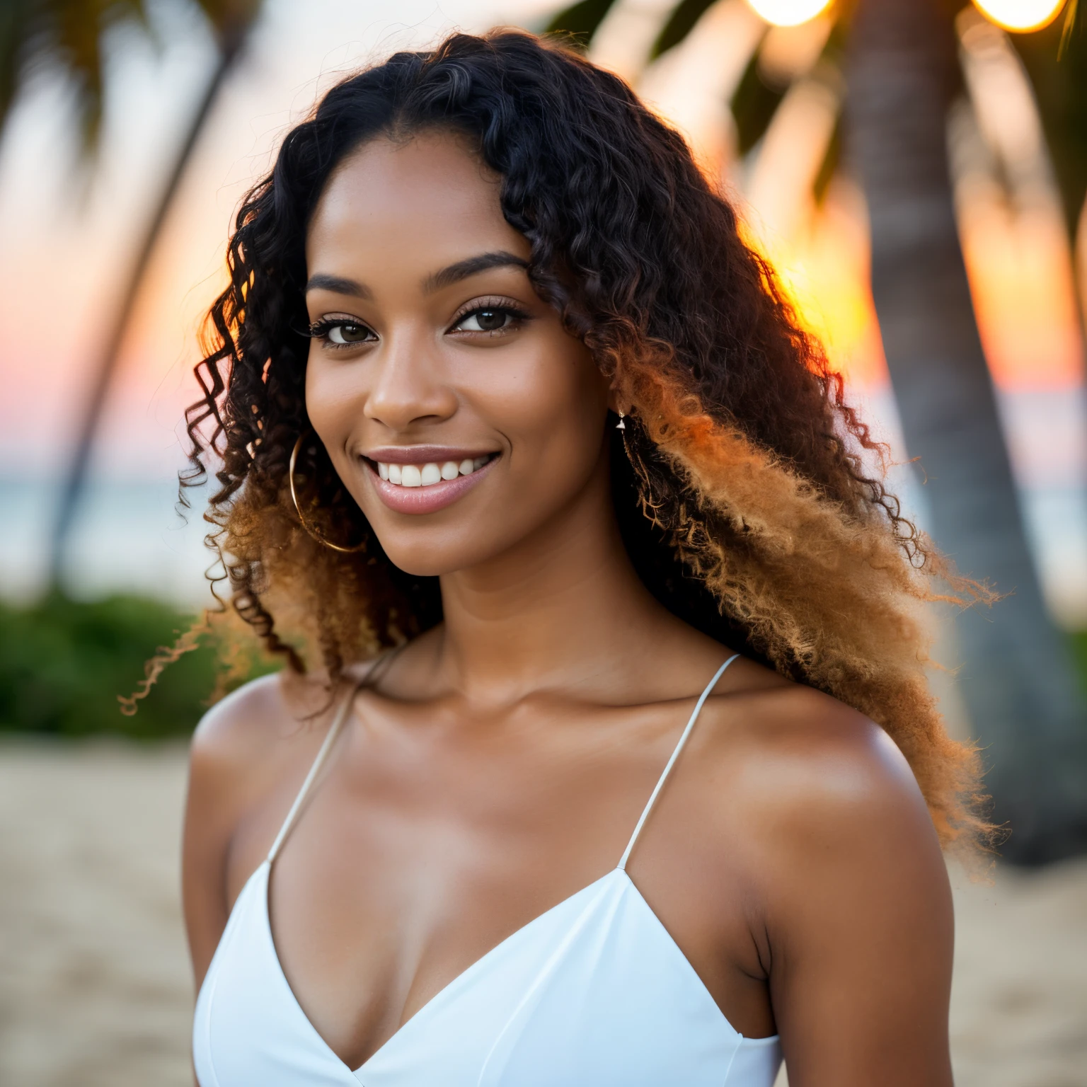 (straight most of the body: 1.4), RAW UHD portrait photo of a 35-year-old cubana, colored girl, mulatta, (green-eyed woman), dancing along the beach in sunset, palm trees, slim body, dance pose, white blouse, red short skirt, details (textures!, curly long hair! color!! , disadvantages: 1.1), glossy eyes with high detail (looking at the camera), SLR lighting, SLR camera, ultra-quality, sharpness, depth of field, film grain (center), Fujifilm XT3, 35mm crystal clear, frame center, normal but nice looking face without makeup, sharp focus, orange sunset, bokeh (dimly lit), night, (night sky), detailed skin pores! oily skin, brown skin, complex eye details, full body, small breasts, smiling, some defects in the skin