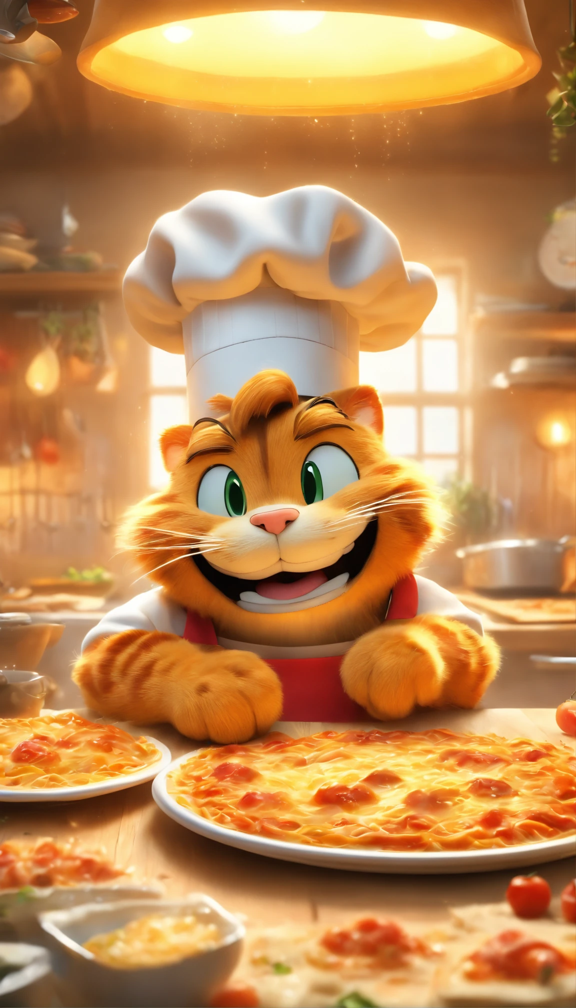 (masterpiece, best quality, ultra-detailed, photorealistic), garfield with beautiful detailed orange fur and expressive blue eyes, wearing a chef costume with a tall white chef hat, sitting comfortably on a modern wooden chair in front of a large wooden dining table in a stylish kitchen interior. The table is elegantly set with a plate of mouthwatering lasagna, meticulously layered with rich tomato sauce, melted cheese, and perfectly cooked pasta sheets. A golden brown crust covers the top, adding a delightful crunch to the dish. The aroma of the savory lasagna fills the air, making it hard to resist. Garfield sits with a mischievous grin on his face, excitedly awaiting his delicious feast. The whimsical kitchen is beautifully lit with warm, soft lighting, creating a cozy atmosphere. The walls are adorned with playful chef-themed artwork, adding a touch of artistic flair. The color palette of the scene is vibrant, with bold reds and oranges representing the warmth and comfort associated with home-cooked meals. The composition of the image is carefully framed, highlighting the mouthwatering dish and capturing Garfield's animated expression. The ultra-detailed rendering showcases the intricate textures of the fur, chef costume, lasagna, and the surrounding kitchen elements. The attention to detail enhances the photorealistic quality of the artwork, making it appear almost lifelike. This masterpiece of a scene combines a beloved cartoon character, delectable food, and a whimsical touch to create a visually stunning and delightful prompt for Stable Diffusion.