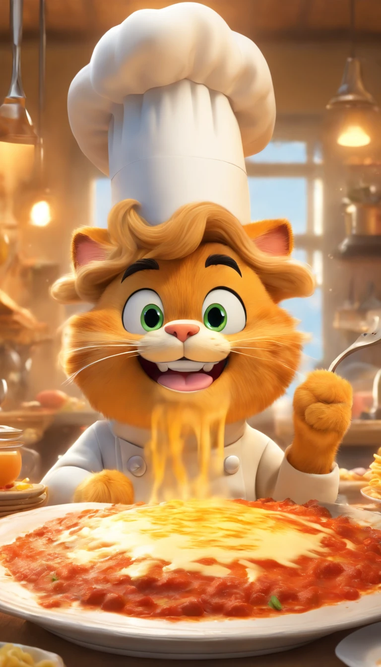 ((masterpiece, best quality, ultra-detailed, photorealistic)), garfield with beautiful detailed orange fur and expressive blue eyes, wearing a chef costume with a tall white chef hat, sitting comfortably on a modern wooden chair in front of a large wooden dining table in a stylish kitchen interior. The table is elegantly set with a plate of mouthwatering lasagna, meticulously layered with rich tomato sauce, melted cheese, and perfectly cooked pasta sheets. A golden brown crust covers the top, adding a delightful crunch to the dish. The aroma of the savory lasagna fills the air, making it hard to resist. Garfield sits with a mischievous grin on his face, excitedly awaiting his delicious feast. The whimsical kitchen is beautifully lit with warm, soft lighting, creating a cozy atmosphere. The walls are adorned with playful chef-themed artwork, adding a touch of artistic flair. The color palette of the scene is vibrant, with bold reds and oranges representing the warmth and comfort associated with home-cooked meals. The composition of the image is carefully framed, highlighting the mouthwatering dish and capturing Garfield's animated expression. The ultra-detailed rendering showcases the intricate textures of the fur, chef costume, lasagna, and the surrounding kitchen elements. The attention to detail enhances the photorealistic quality of the artwork, making it appear almost lifelike. This masterpiece of a scene combines a beloved cartoon character, delectable food, and a whimsical touch to create a visually stunning and delightful prompt for Stable Diffusion.