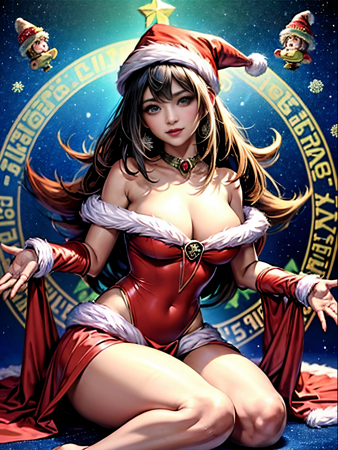 Dark magician gils con vestido rojo,((see through)), extremadamente detallado, rubio,(((Mini falda diminuta))), ((skirt lift)),(((tanga visible))),Sonriendo, ojos azules, realista, tacones rojos, (((Navidad))), escote, ((christmas tree, Regalos)), cabello rubio, navidad de Magia. Pose sejustiva y sensual.