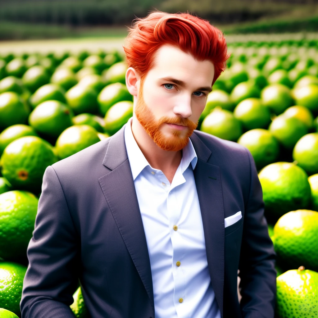 Red haired lumberjack wearing a business suit holding dirty limes