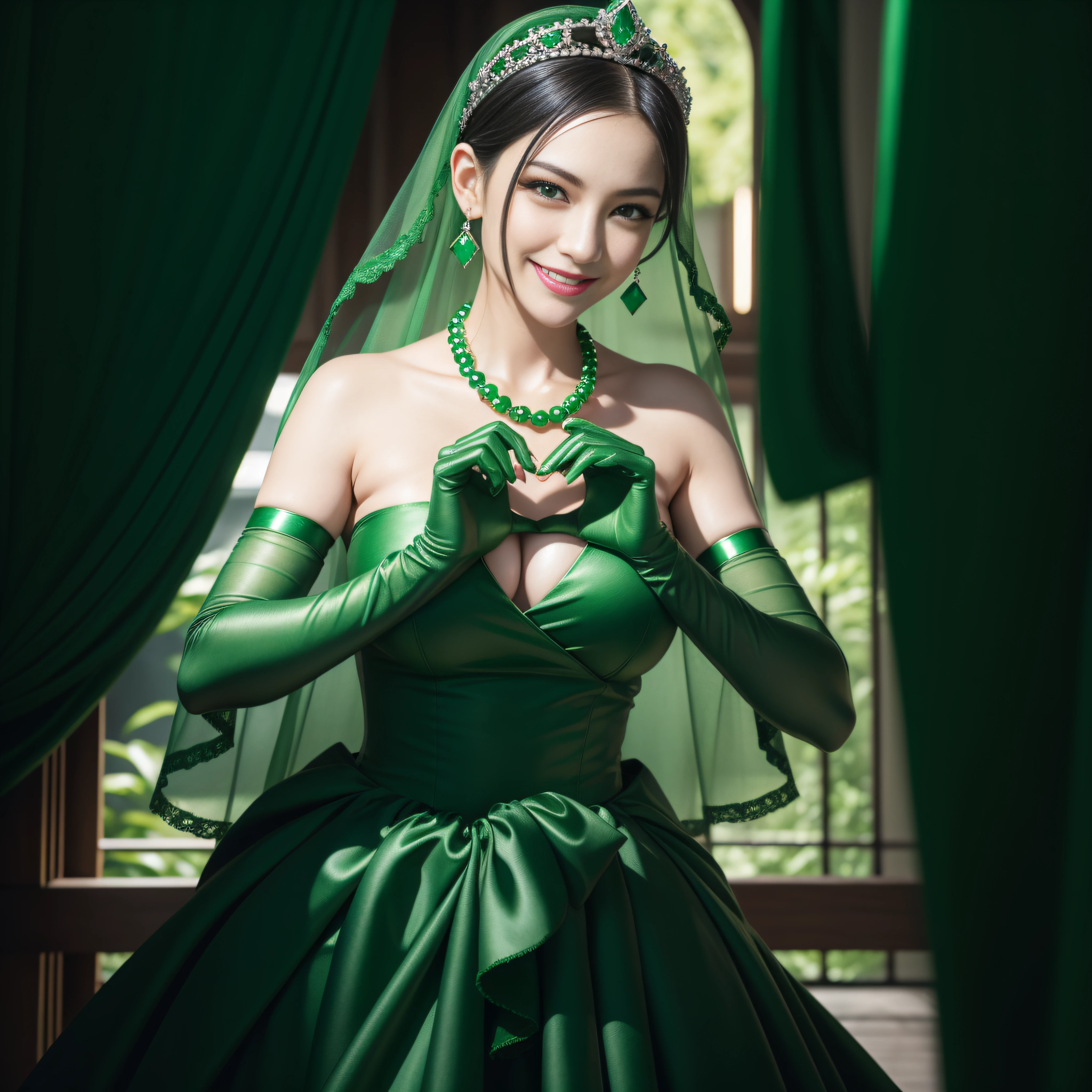 emerald tiara, Green Pearl Necklace, Boyish very short black hair, lipsticks, Japan woman smiling, very short short hair, big breasts beautiful, Green eyes, Long green gloves made of satin material, Green eyes, Emerald Earrings, green vale, Heart with both hands, Green hair