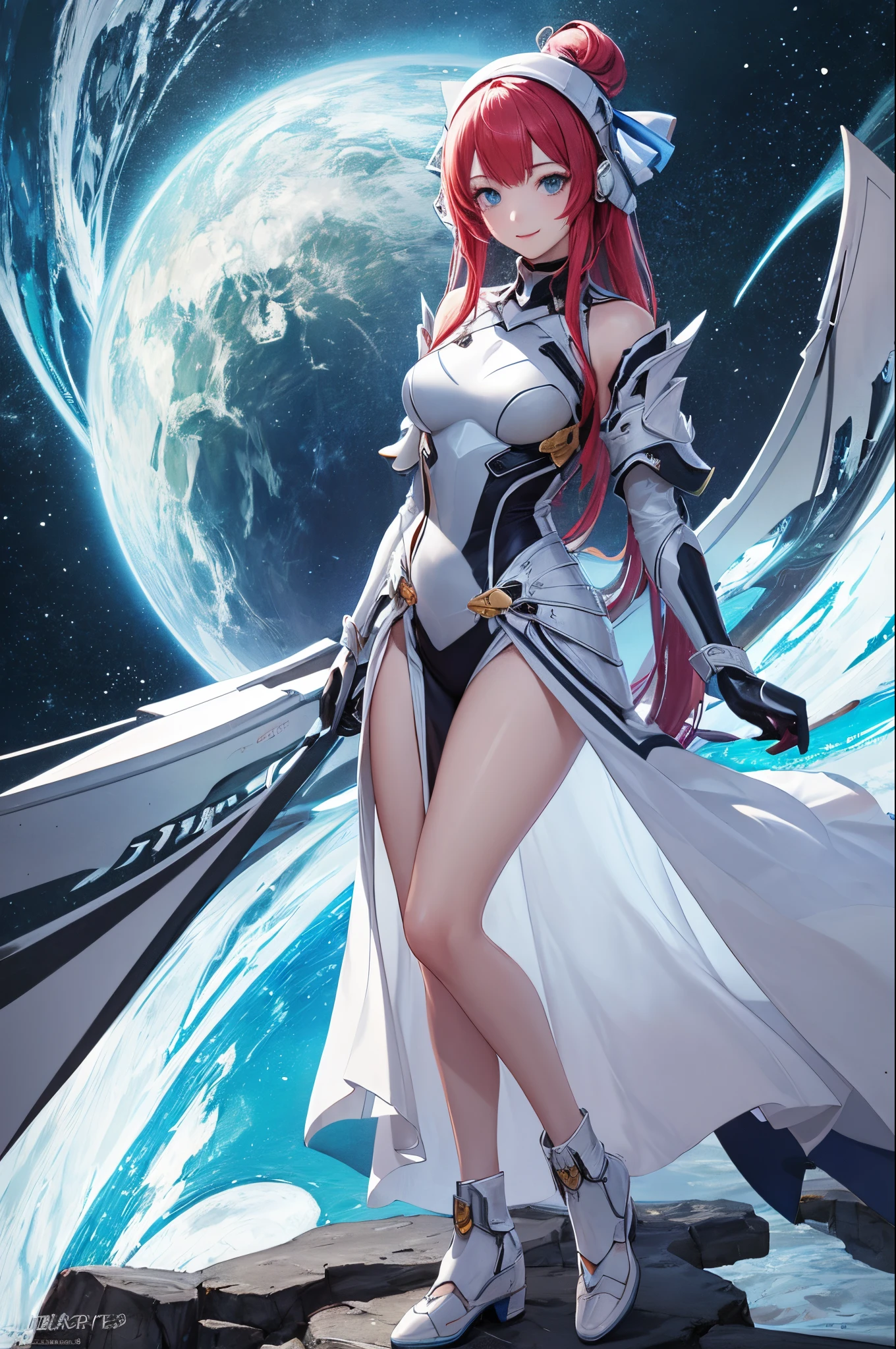 ultra-detailliert、anime illustrated、2D Beautiful Girl、top-quality、Top image quality、​masterpiece、超A high resolution、android beautiful girl、,Glowing white cyber suit, Blue energy source for the chest、Red shiny hair、She has long hair tied in the back with a ribbon.,Blue eyes、A slender、The face is depicted in detail、(The eyes are detailed)、The clothes are also depicted in detail、More background、hiquality、Beautiful Art、Fantastic Universe、Gentle smile、Elaborate design、one girl knight、Anime Illustration、Full body front