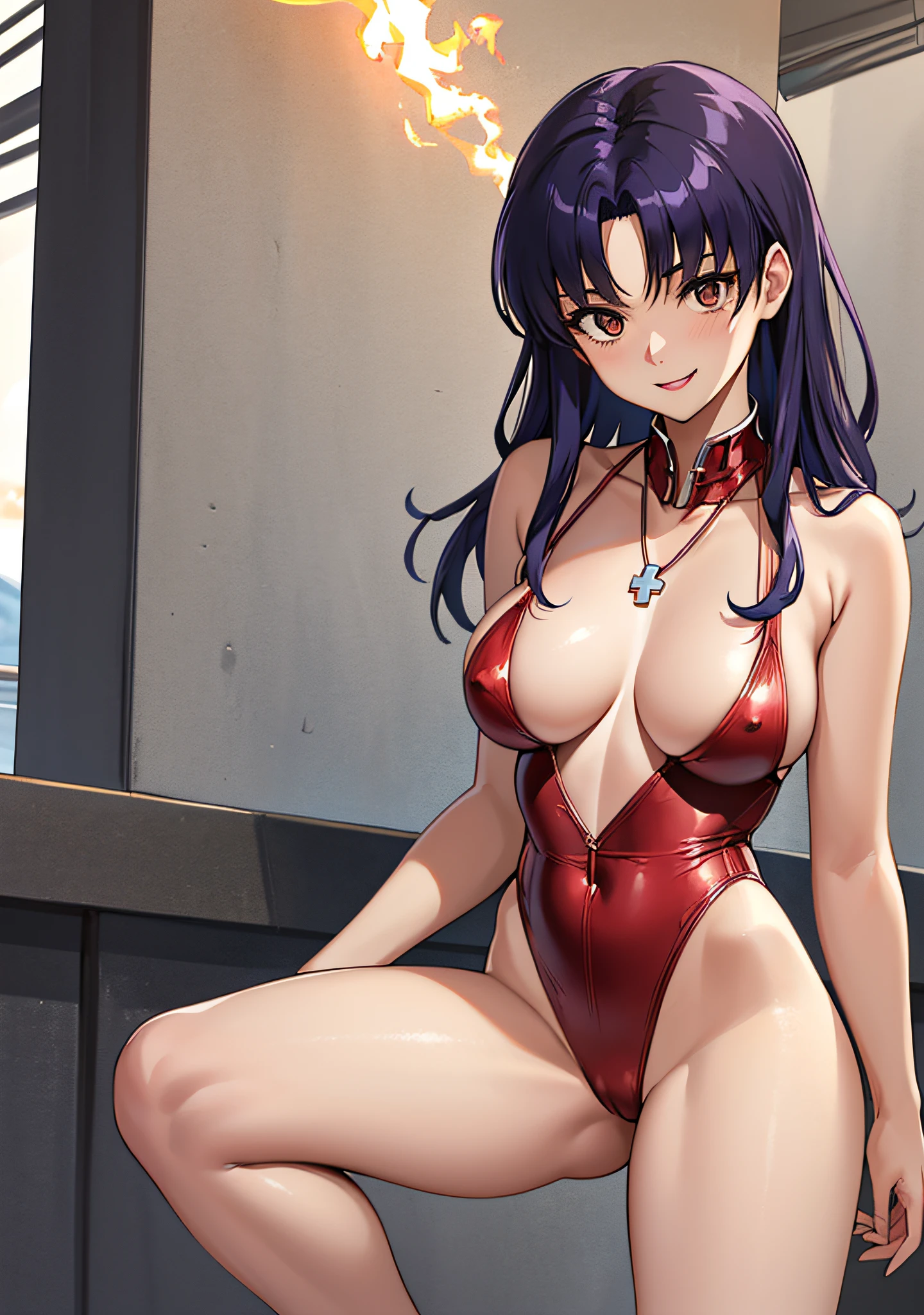 (masutepiece),(Best Quality), Katsuragi Misato, Brown eyes, Cross Necklace,Big breasts、((Smaller head))、1 female、great outdoors、Red swimsuit with small area、Sexy pose with one knee standing、(Raw photography:1.2)、(Photorealsitic:1.4)、A smile、Textured skin、extremely detailed eye and face、beatiful detailed eyes、二重まぶた、huge filesize、(Increase the beauty of skin texture:1.1)、hight resolution、highlydetailed skin、top-quality、8k wallpaper、电影灯光、large boob,Seductive underwear、Open legs、The chest is visible、 Spread your legs、Spread your crotch、Persistent stare, Sharp eyes, sexy langeries