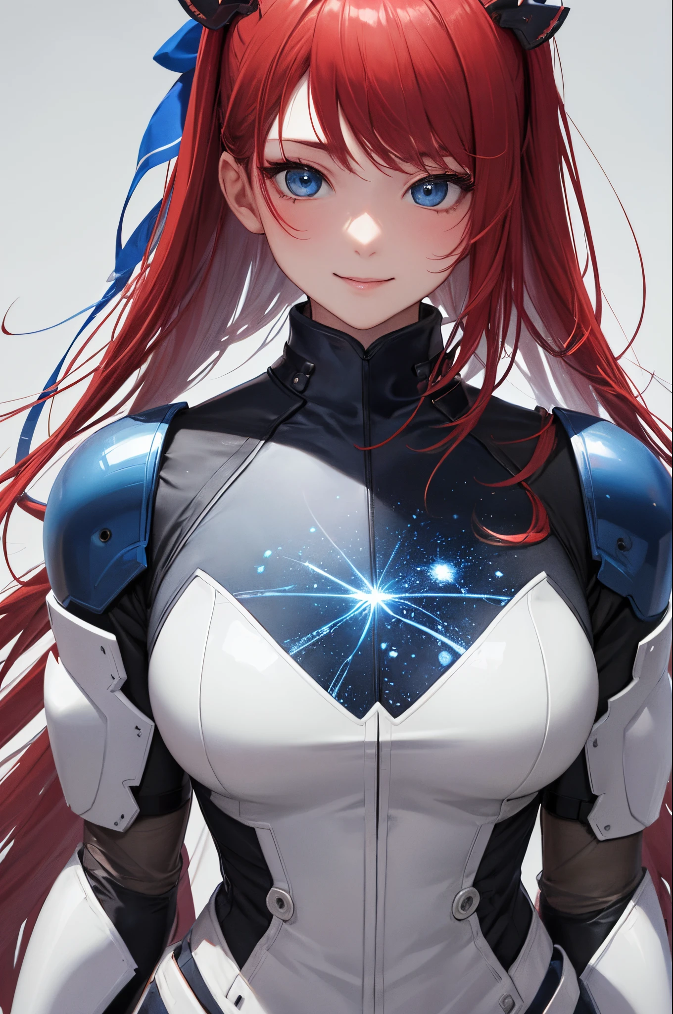 ultra-detailliert、anime illustrated、2D Beautiful Girl、top-quality、Top image quality、masterpiece、超A high resolution、android beautiful girl、sixteen years old,Glowing white cyber suit, Blue energy source for the chest、Red shiny hair、She has long hair tied in the back with a ribbon.,Blue eyes、A slender、The face is depicted in detail、(The eyes are detailed)、The clothes are also depicted in detail、More background、hiquality、Beautiful Art、Fantastic Universe、Gentle smile、Elaborate design、one girl knight、Anime Illustration、Full body front