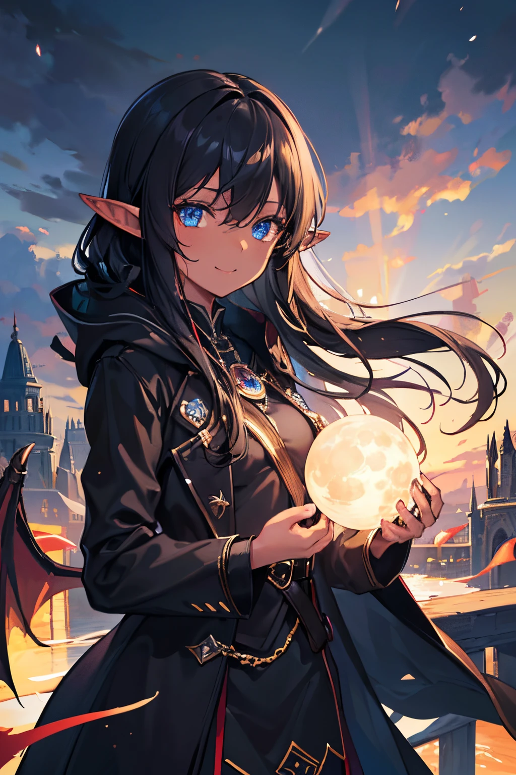 masterpiece, best quality, 1girl, (colorful),(finely detailed beautiful eyes and detailed face),cinematic lighting,bust shot,extremely detailed CG unity 8k wallpaper,white hair,solo,smile,intricate skirt, sky, cloudy_sky, building, moonlight, moon, night, (dark theme:1.3), light, fantasy, ((Dark Skin)) ((Blue Eyes)) ((Elf Ears)) (((Black Overcoat))) (((Dragon Girl))) (((Fire Magic))) (((All Black Hair))) Best Res, High Res, Absurd Res ((Royalty))