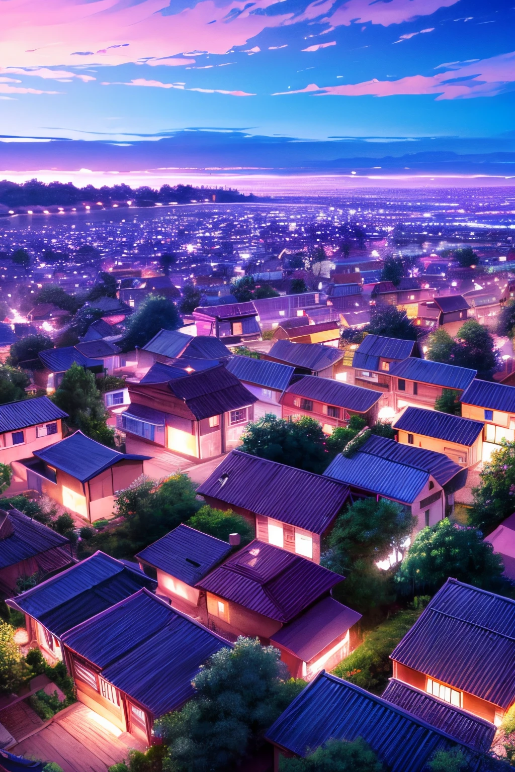 charm natural view, village, sky colors purple blue colorful,
