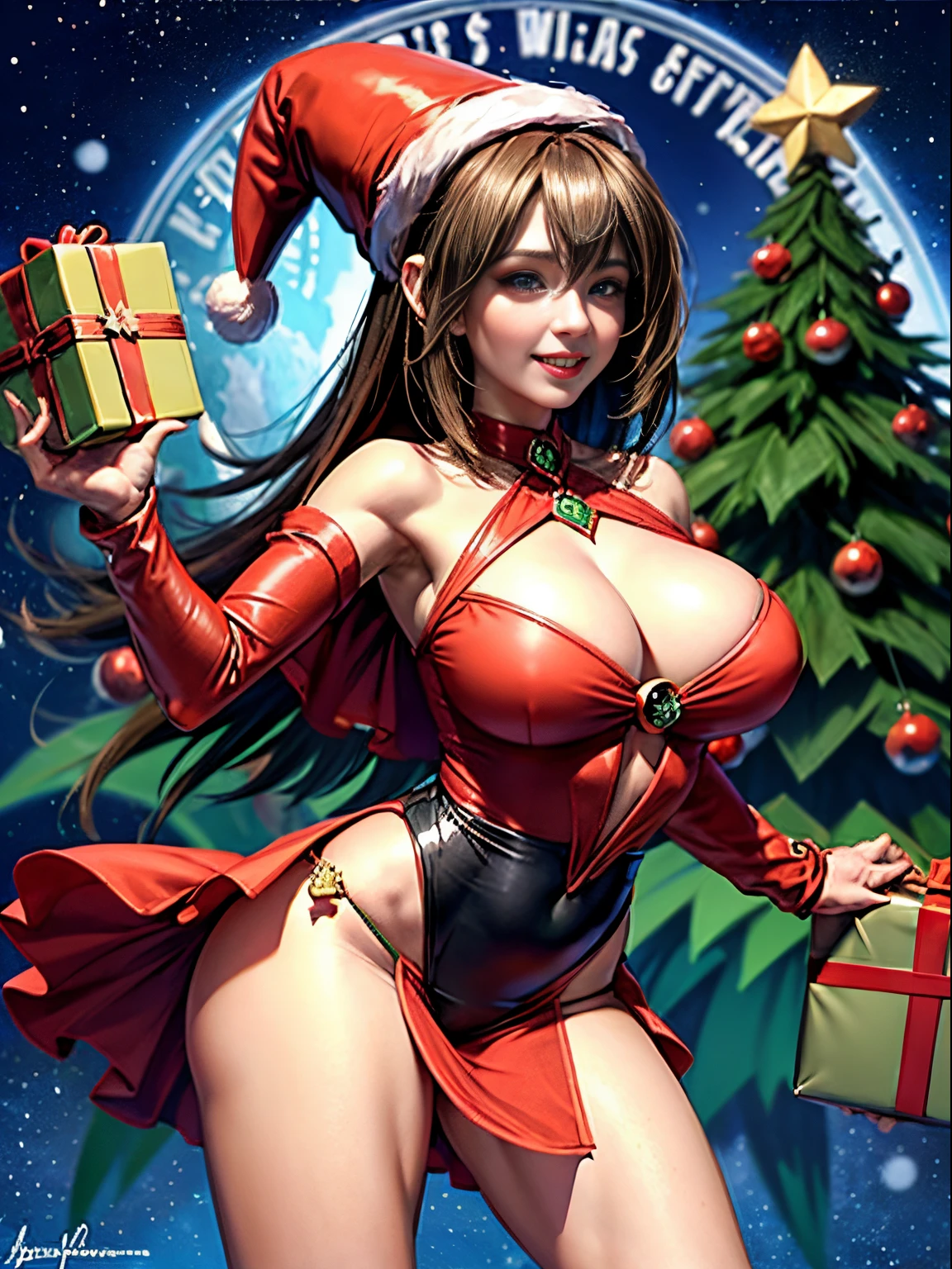 Dark magician gils con vestido rojo,((see through)), extremadamente detallado, rubio,(((Mini falda diminuta))), ((skirt lift)),(((tanga visible))),Sonriendo, ojos azules, realista, tacones rojos, (((Navidad))), escote, ((christmas tree, Regalos)), cabello rubio, navidad de Magia. Pose sejustiva y sensual.