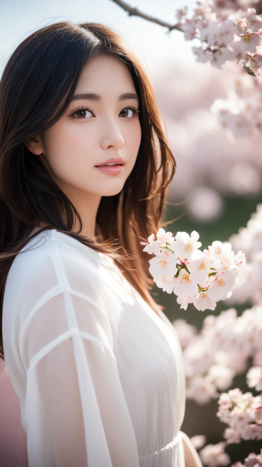 (A logo、masterpiece、8K、masutepiece、Raw photo、Fantastic、Best Quality、Photorealistic、extremely detailed CG unified 8k wallpaper、hightquality、ighly detailed、epic poem、Particle effect、Dynamic effects、depth of fields、Cinematic Light、Lens Flare、Ray tracing)、Fantasia、 (Beauty 1 person、White Japanese Clothing、Japanese dress、White cherry blossom pattern、White cherry blossom embroidery pattern、A dark-haired、Beautiful face、Real Face、Beautiful detail eyes、Beautiful skin)、Hair flutters in the wind、Hair jumps、Pink cherry blossom tree、Petals flutter、Sakura blizzard、Superb view、morning glow、Sun in the background、the wind、Deities、tusk、myth、Vast Land、