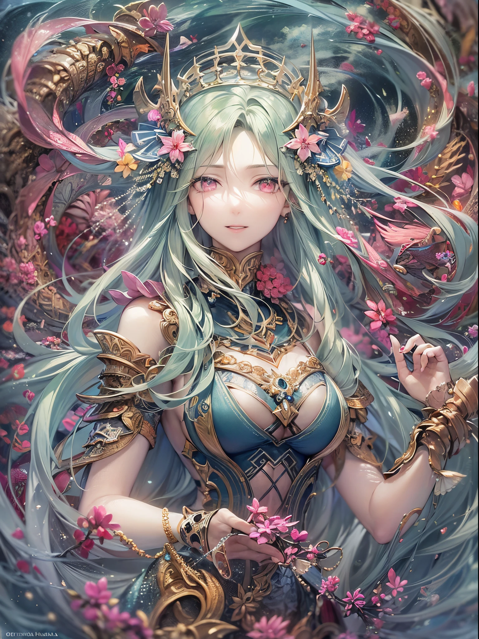 ((Finest quality)),(超A high resolution),(ultra-detailliert),(Meticulous portrayal),((Best Anime)),(Finest works of art),Ultra-Precision Art,The art of astounding depiction,Overwhelming depiction of fantasy art:1.5, ((1人の女性:1.5)),many arms:1.5,the god of the sea,Rin々Right,trident, Haihara,vague,