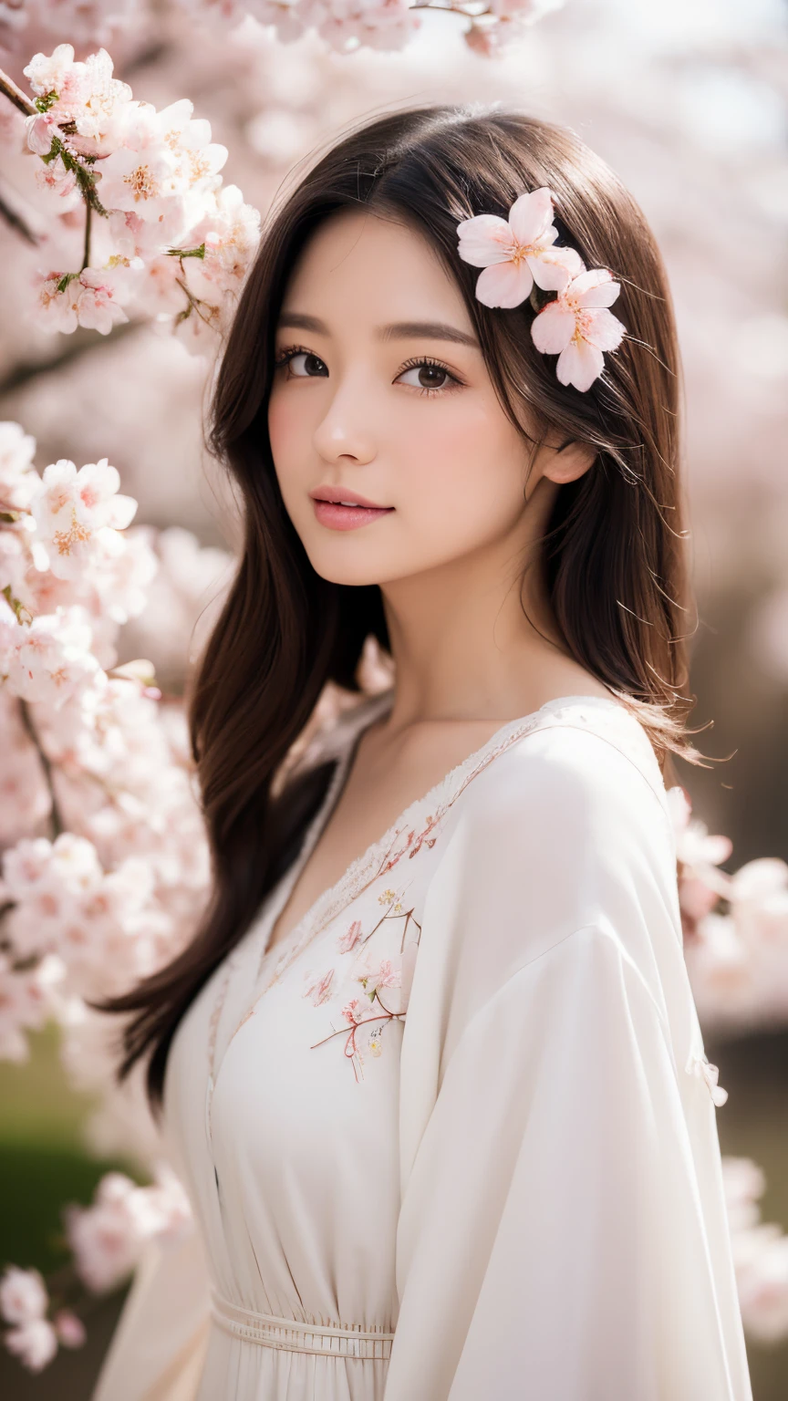 (A logo、masterpiece、8K、masutepiece、Raw photo、Fantastic、Best Quality、Photorealistic、extremely detailed CG unified 8k wallpaper、hightquality、ighly detailed、epic poem、Particle effect、Dynamic effects、depth of fields、Cinematic Light、Lens Flare、Ray tracing)、Fantasia、 (Beauty 1 person、White Japanese Clothing、Japanese dress、White cherry blossom pattern、White cherry blossom embroidery pattern、A dark-haired、Beautiful face、Real Face、Beautiful detail eyes、Beautiful skin)、Hair flutters in the wind、Hair jumps、Pink cherry blossom tree、Petals flutter、Sakura blizzard、Superb view、morning glow、Sun in the background、the wind、Deities、tusk、myth、Vast Land、